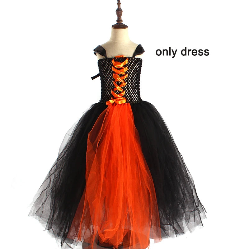 Girls Gothic Halloween Ghost Witch Costume Flare Sleeve Kids Gown Robe Tutu Dress with Witch Hat for Purim Carnival Party