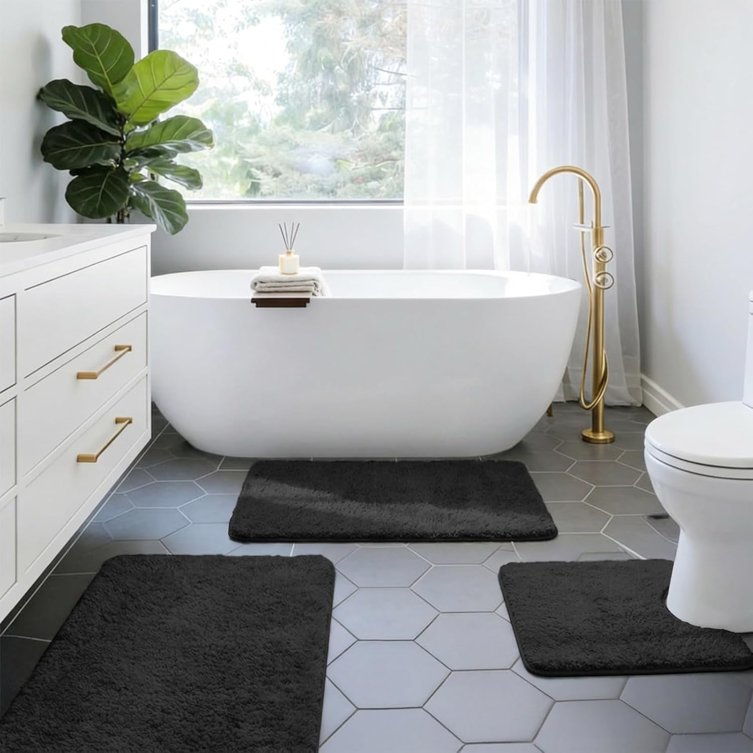 Bath Mat Sets 3 Piece, Non Slip Rubber Backing Bath Mats for Bathroom Floor, Extra Soft Microfiber Bathroom Mat and Toilet Mat, Absorbent Washable Bath Rug Sets,Black