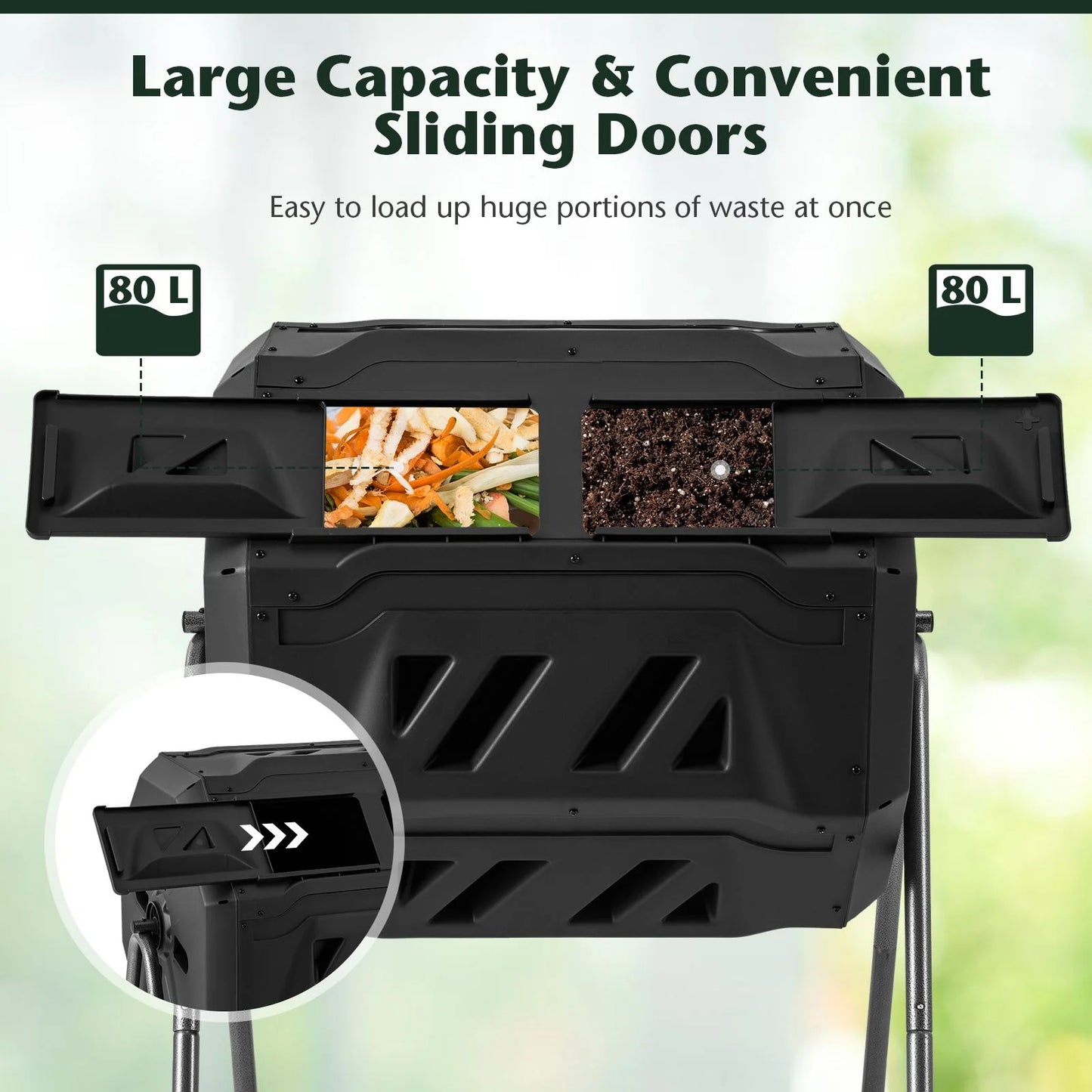 Compost Bin 160L Dual Chamber Composting Tumbler with Sliding Doors