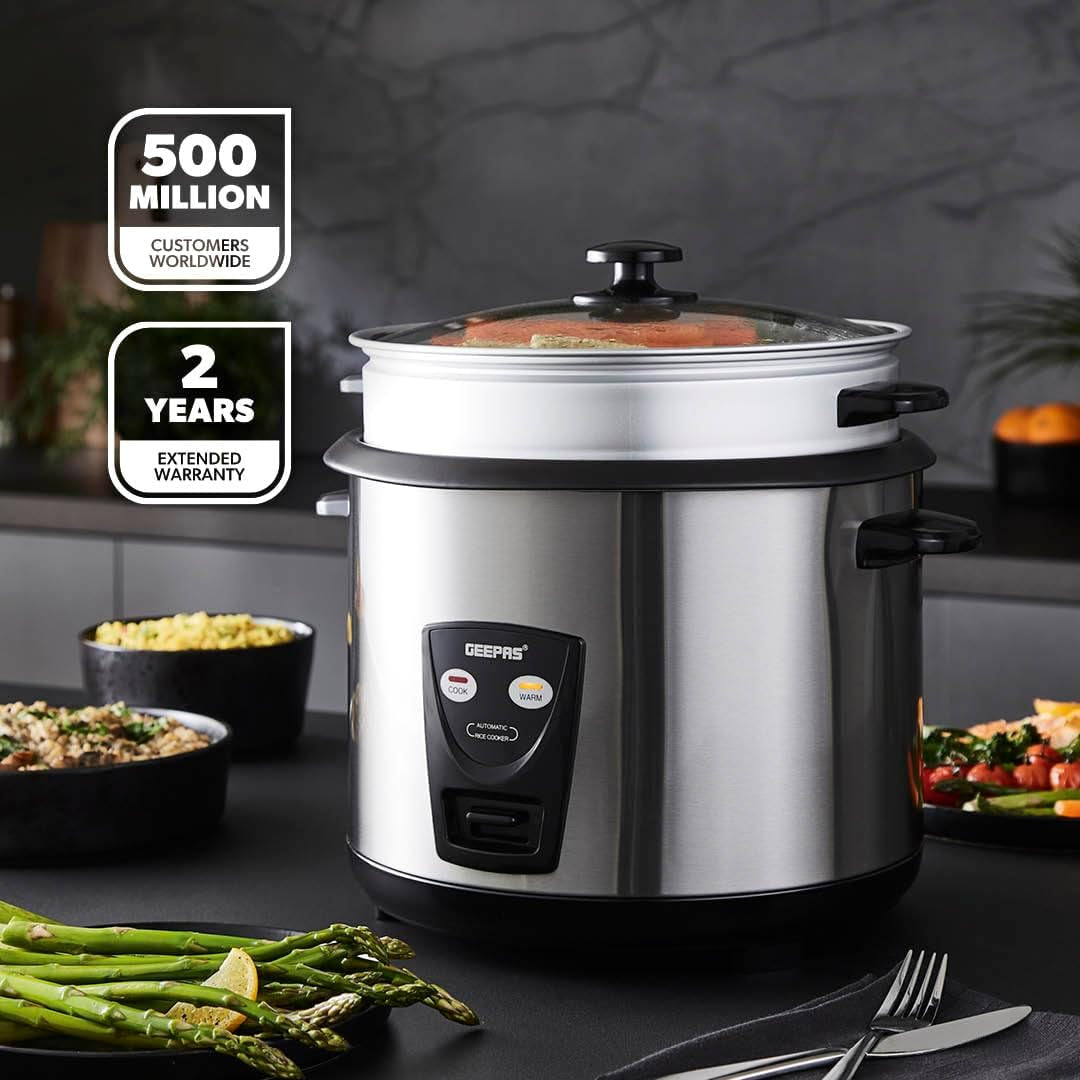 1.8L Rice Cooker with Steamer Keep Warm Auto Cooking 700W Silver | Non-Stick Inner Pot Includes Measuring Cup, Spatula & Tempered Lid
