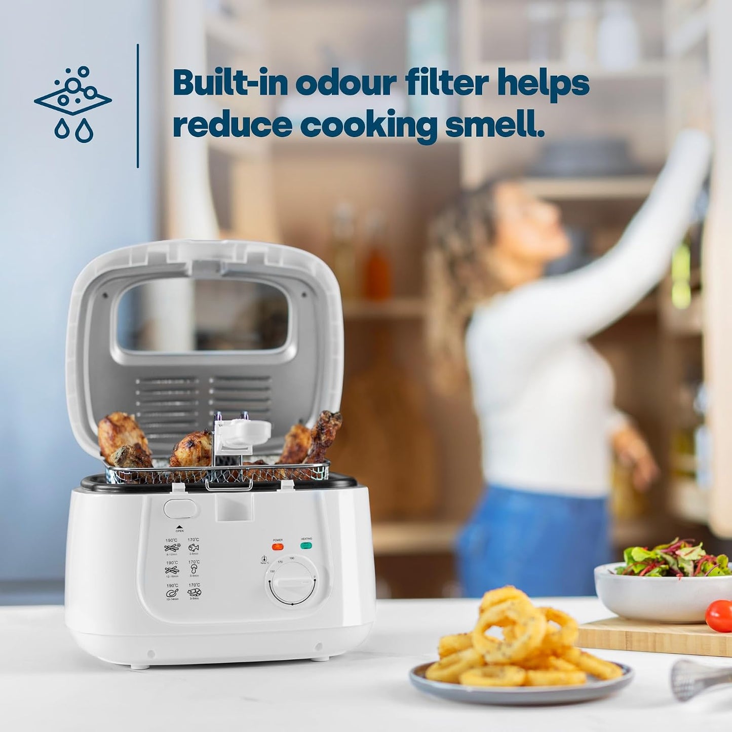 2.5L Deep Fat Fryer – Electric Chip Fryer with Non-Stick Coating, Viewing Window, Built in Odour Filter and Removable Lid for Easy Cleaning – Compact Deep Fat Fryers Easy Clean - White