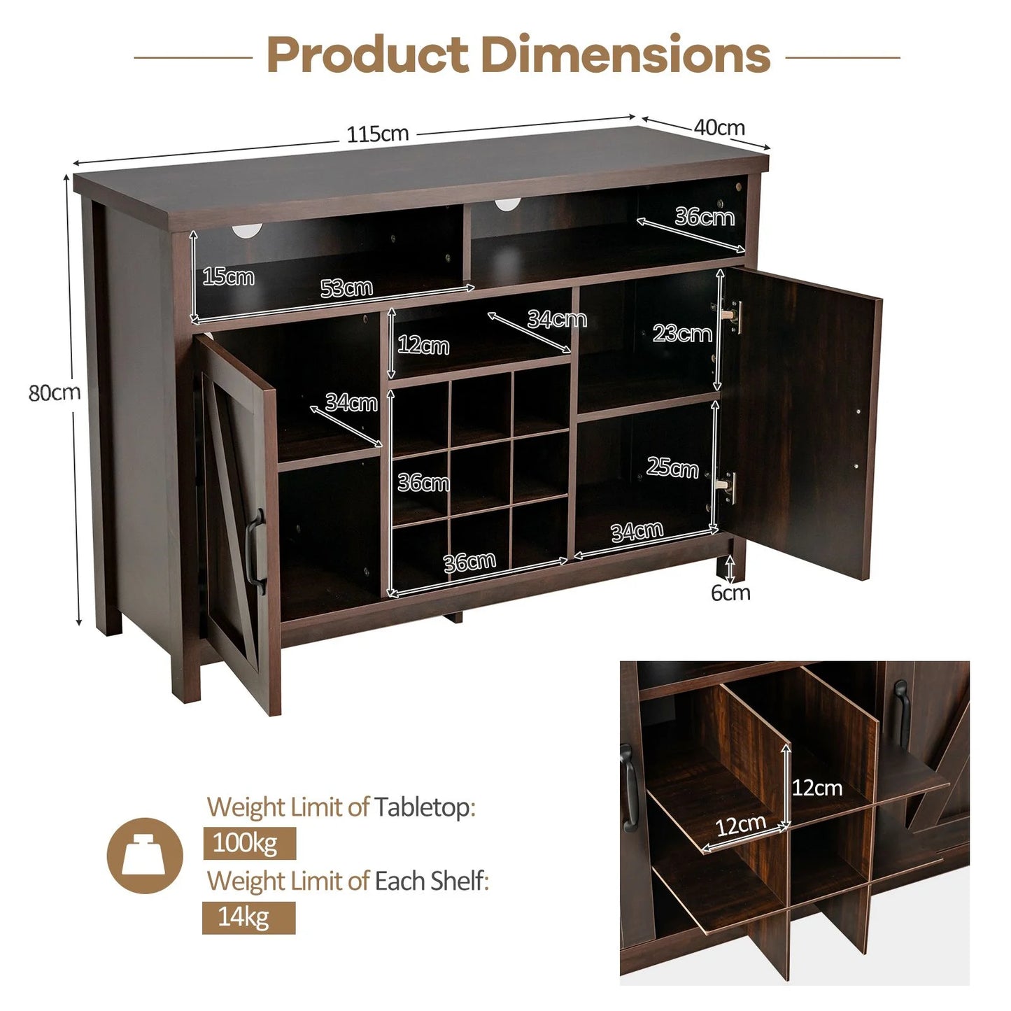 Buffet Storage Cabinet with Detachable 9-Bottle Wine Rack and 2 Door Cabinets