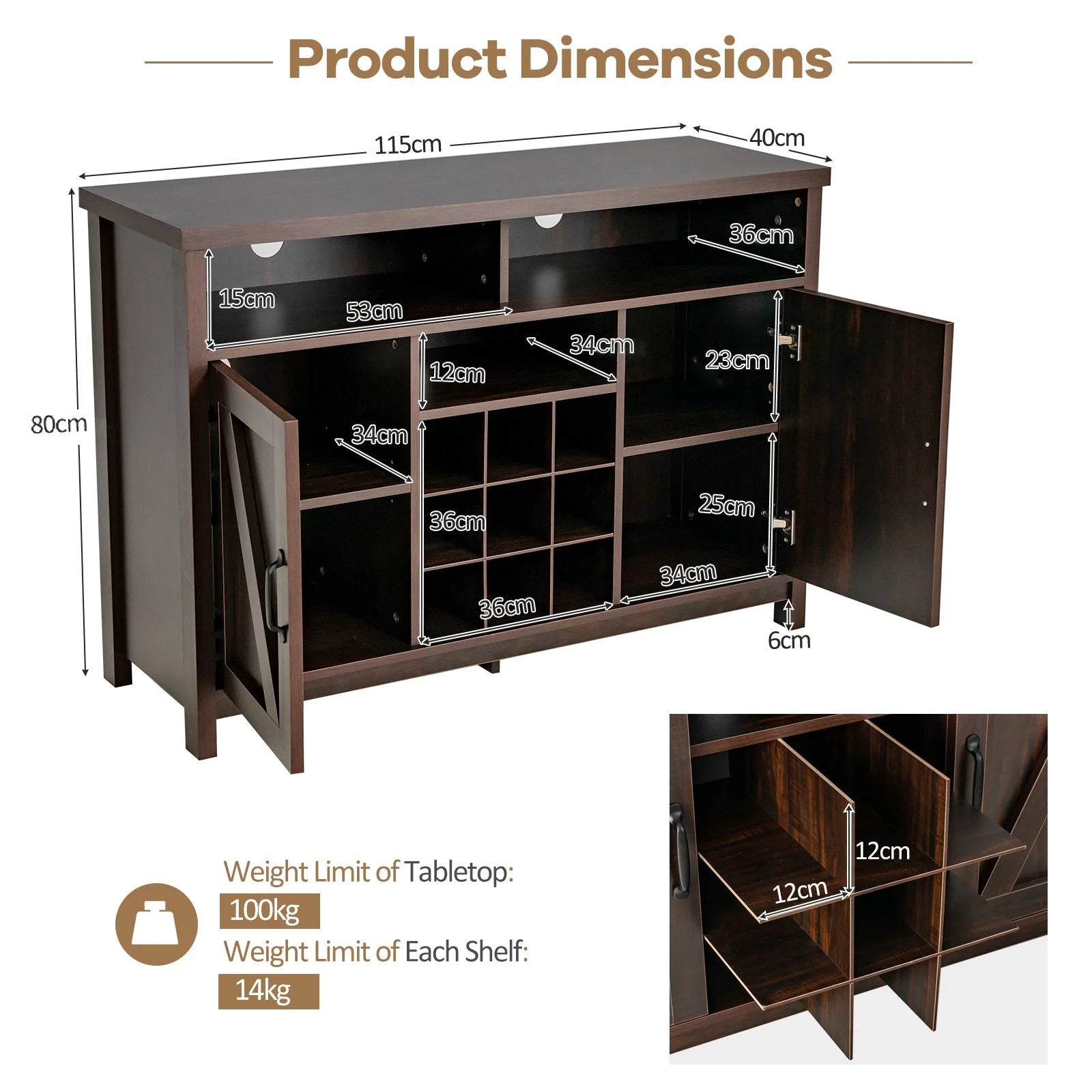 Buffet Storage Cabinet with Detachable 9-Bottle Wine Rack and 2 Door Cabinets