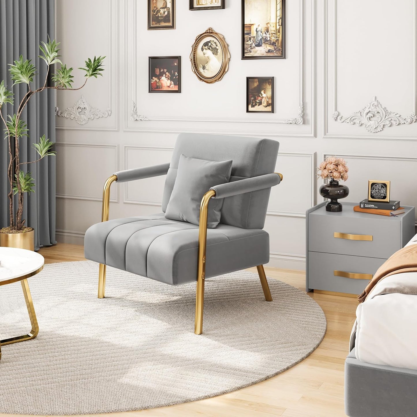 Velvet Single Sofa Chair, Gold Metal Arms Living Room Light Grey | Small Sofa Couch Gold-Tone Metal Arms and Legs Pillows for Bedroom, Home Office, Studio, Small Space