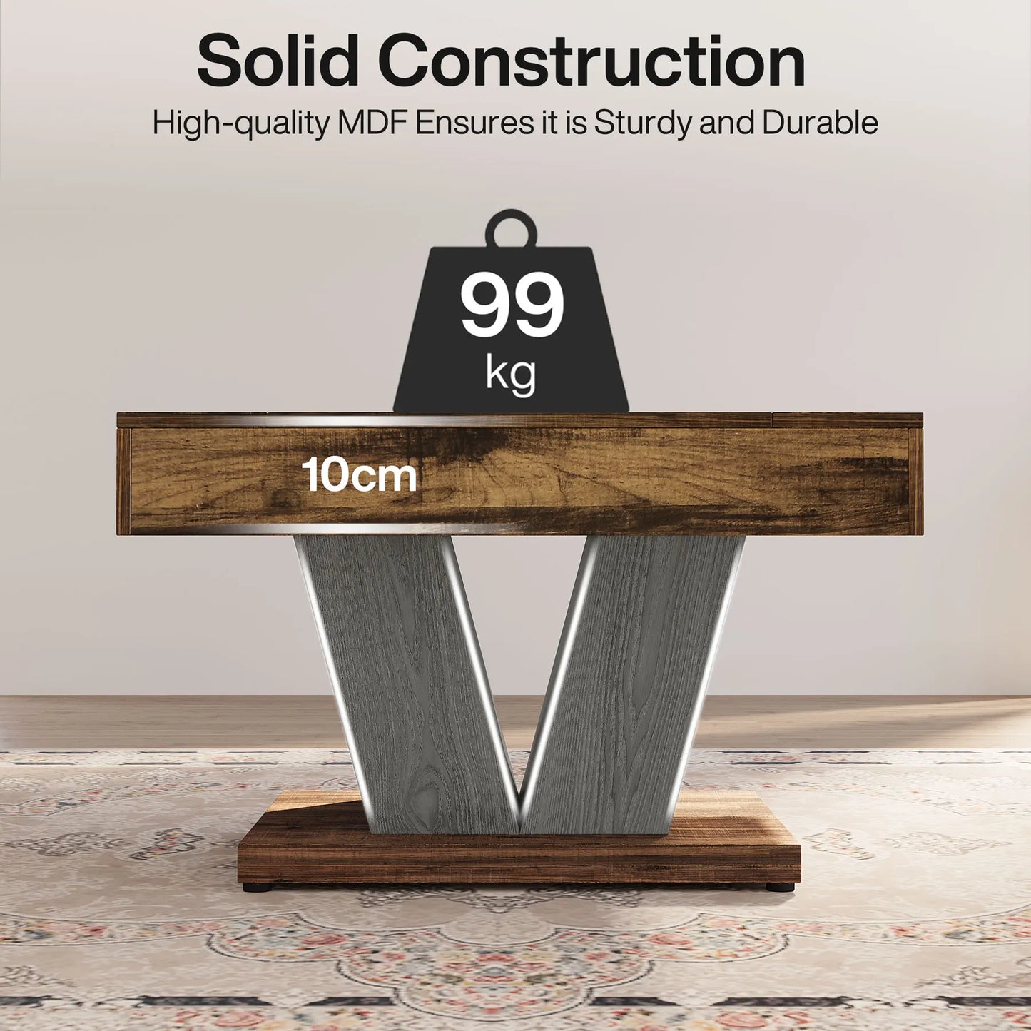 80Cm Square Coffee Table in Rustic Brown & Black - Modern Wooden Centre Table for Living Room