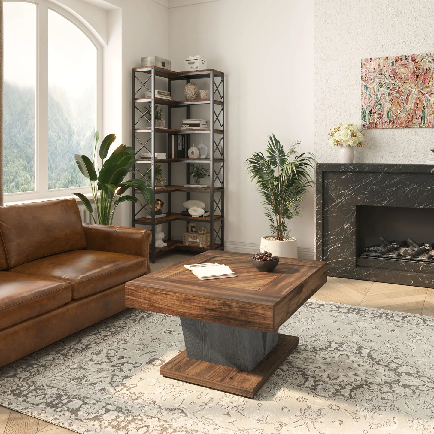 80Cm Square Coffee Table in Rustic Brown & Black - Modern Wooden Centre Table for Living Room