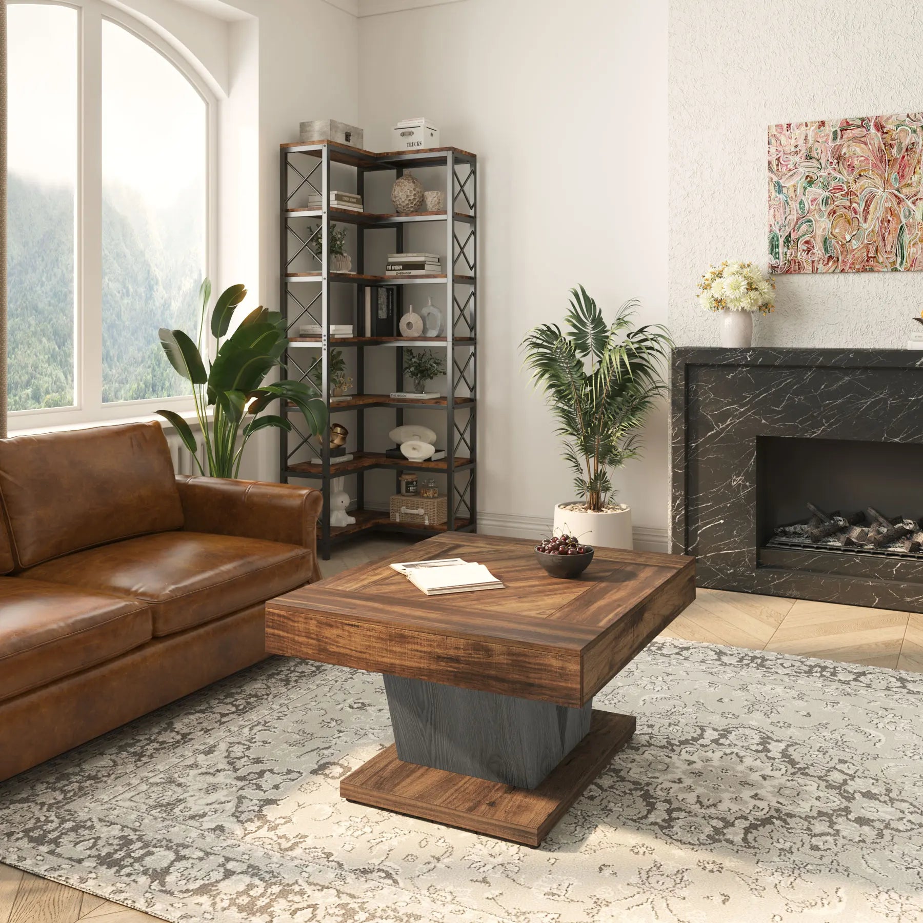 80Cm Square Coffee Table in Rustic Brown & Black - Modern Wooden Centre Table for Living Room