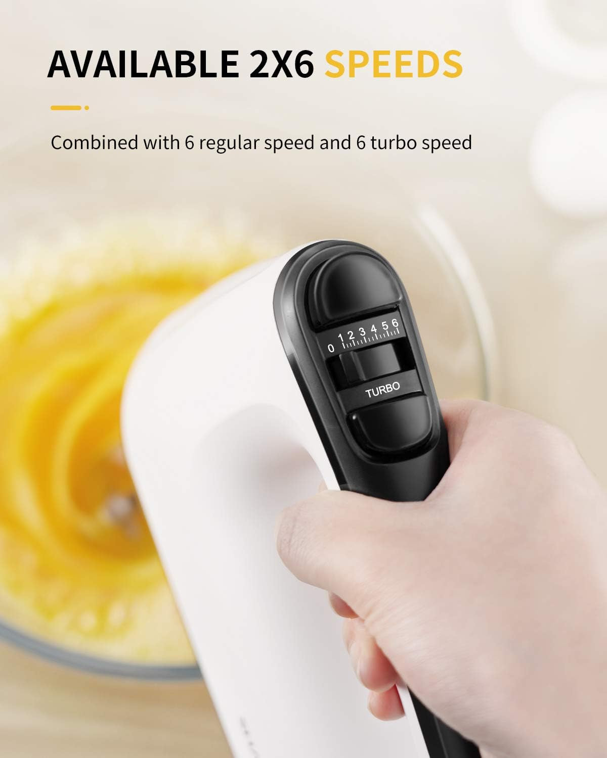 Hand Mixer Electric Whisk with 400W All-Pure Copper,6 Speeds &Turbo | Anti-Splash Electric Hand Whisk with Snap-On Storage Case,5 Stainless Steel Attachments for Baking, Whipping, Mixing