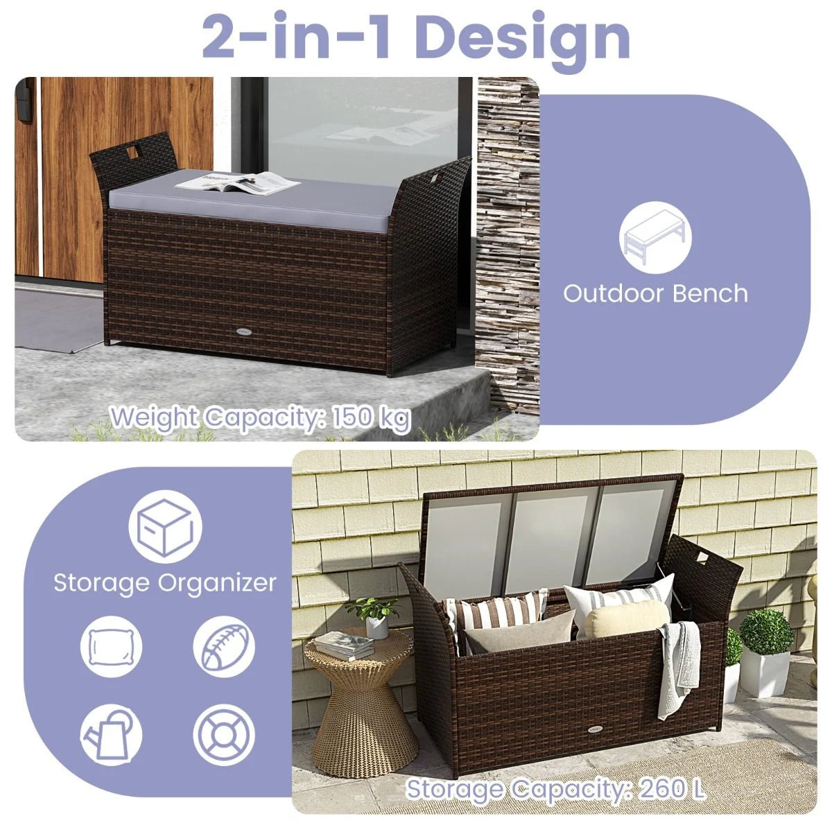 Outdoor Storage Bench with Hand-Woven PE Rattan Wicker and Side Handles