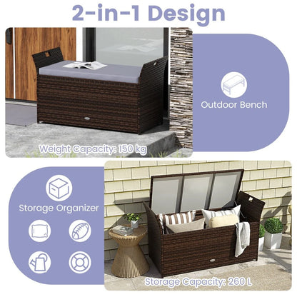 Outdoor Storage Bench with Hand-Woven PE Rattan Wicker and Side Handles