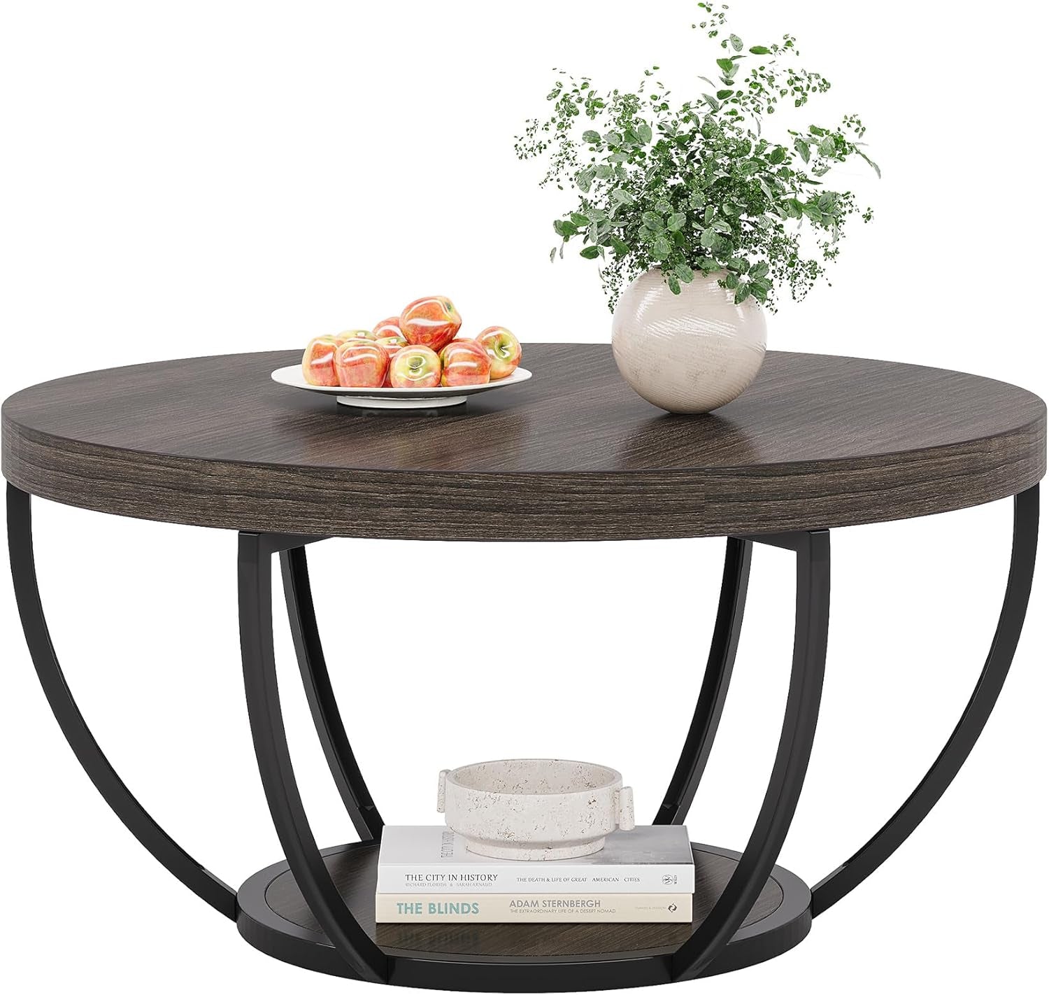 round Coffee Table, 31.7 Inches, 2-Tier Circular Wooden Side Table with Storage Shelves, Modern Living Room End Table, Grey