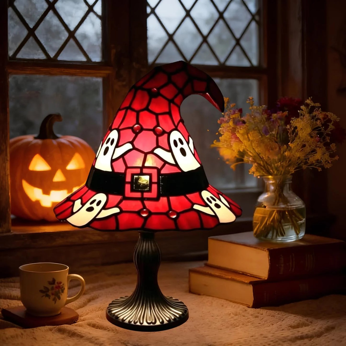 Stained Glass Witch Hat Lamp Magic LED Witch-Hat Lamp USB Creative Table Lamp Night Light for Bedroom Room Decor Halloween