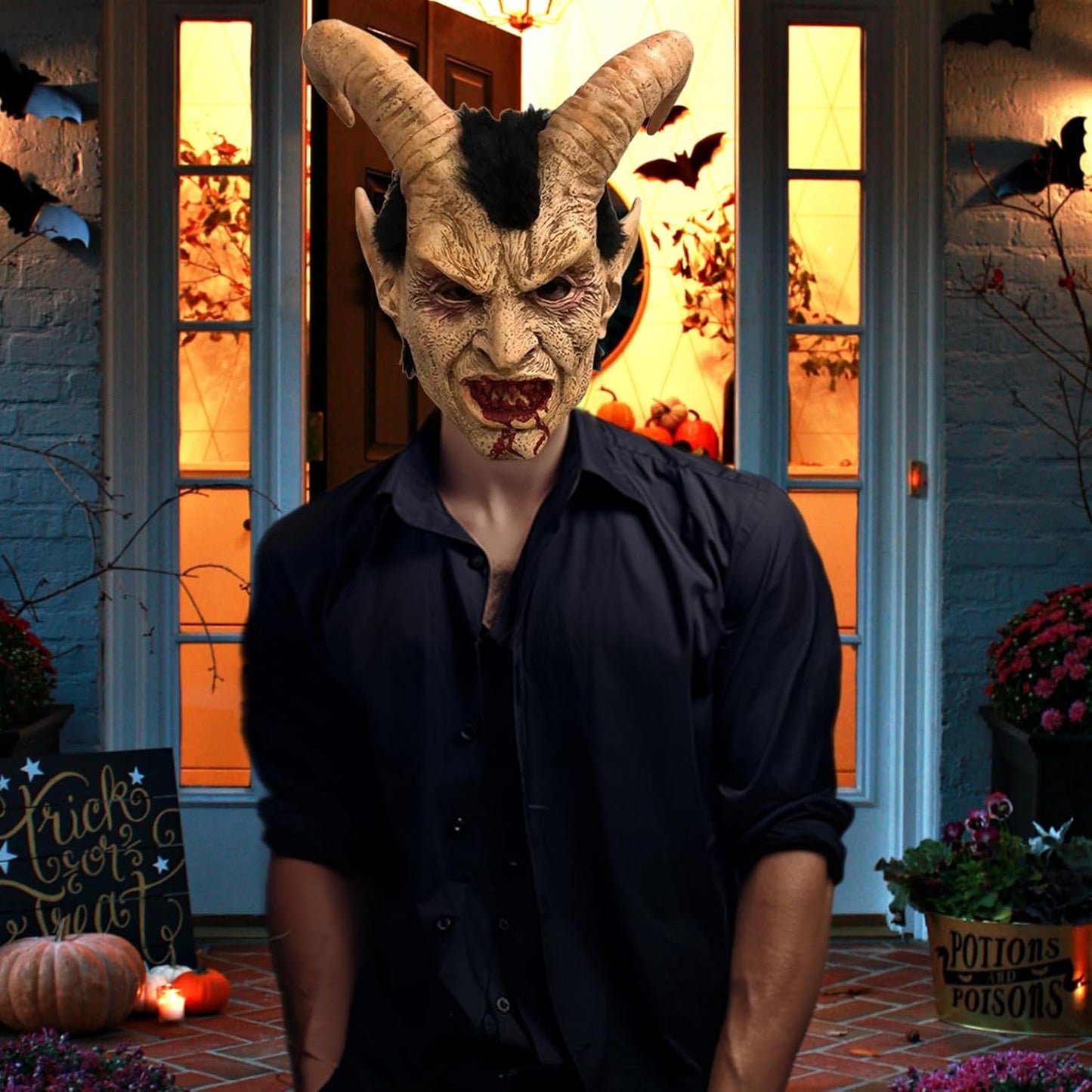 Realistic Animal Skull Demon Mask, Full Face Scary Mask with Hair Details for Halloween Decor