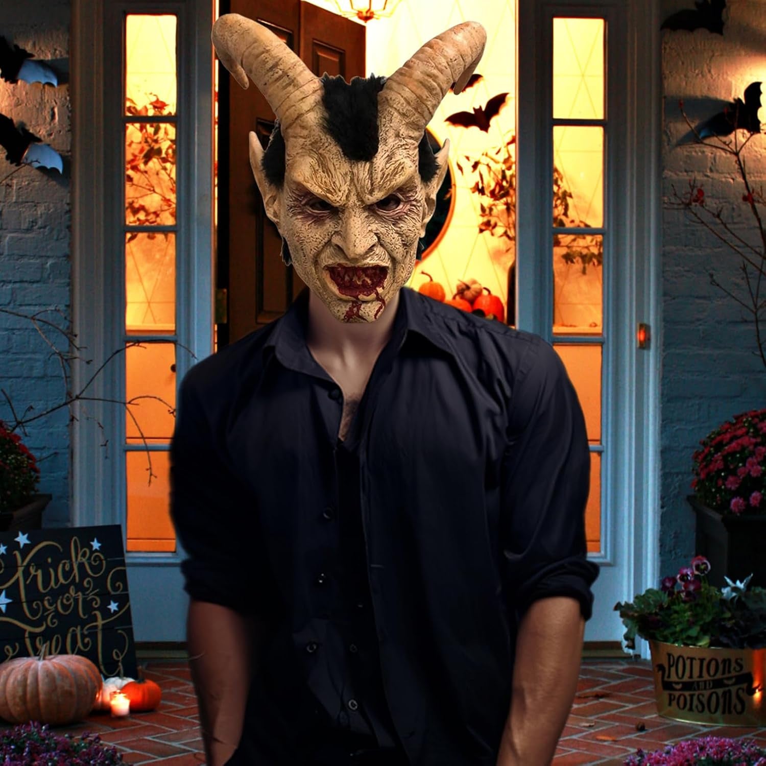 Realistic Animal Skull Demon Mask, Full Face Scary Mask with Hair Details for Halloween Decor