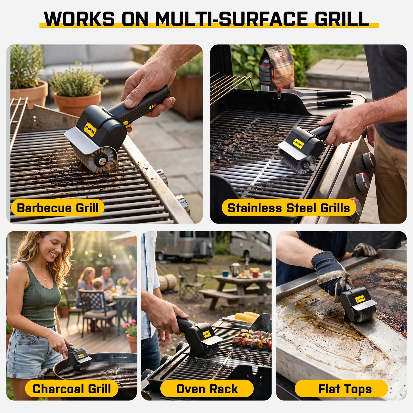 Electric Grill Brush, Rechargeable Cordless BBQ Cleaner with 600RPM Motor & Safety Locks, Includes Two 304 Stainless Steel Brush Heads, Compact Design for Narrow Spaces and Corners SOARFLY G9 Summerwins , Dealsforyoudays