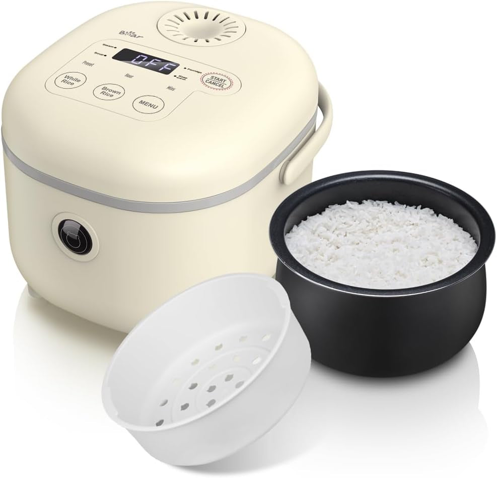 Small Rice Cooker, 4 Cup 2L Multifunctional with Steamer, Yellow | Smart Control, 7-Step Cooking; 6-In-1: Rice, Porridge, Soup, Steam, Keep Warm; Non-Stick Pot, Removable Lid, Compact