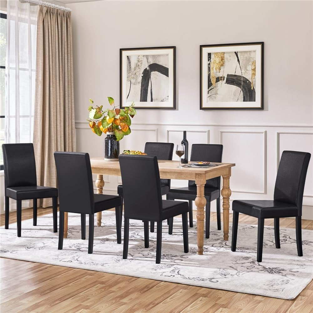 Faux Leather Dining Room Chair Set of 4 with High Back, Black | Upholstered Kitchen Chairs, 10.5Cm Thick Seat Cushion Armless Side Chairs with Solid Wood Legs for Dining Room, Living Room