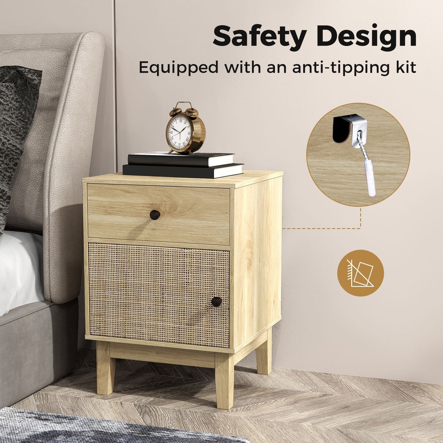 Modern Rattan Nightstand with Storage Drawer and Cabinet