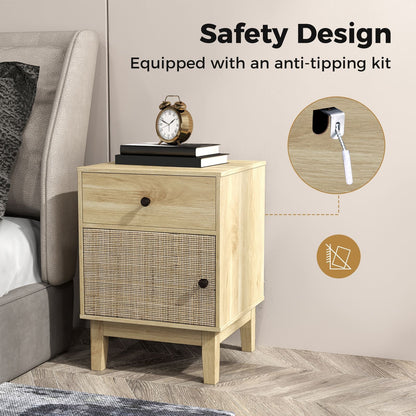 Modern Rattan Nightstand with Storage Drawer and Cabinet