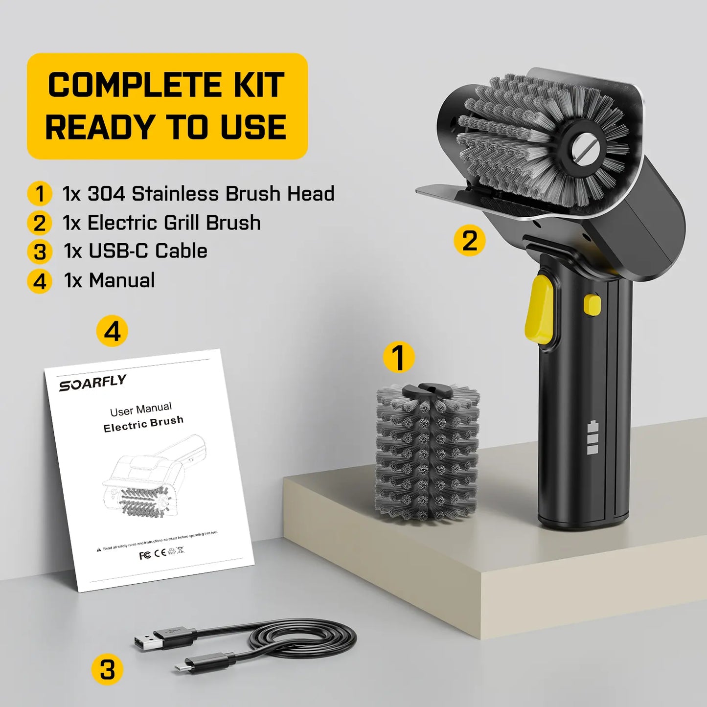 Electric Grill Brush, Rechargeable Cordless BBQ Cleaner with 600RPM Motor & Safety Locks, Includes Two 304 Stainless Steel Brush Heads, Compact Design for Narrow Spaces and Corners SOARFLY G9 Summerwins , Dealsforyoudays