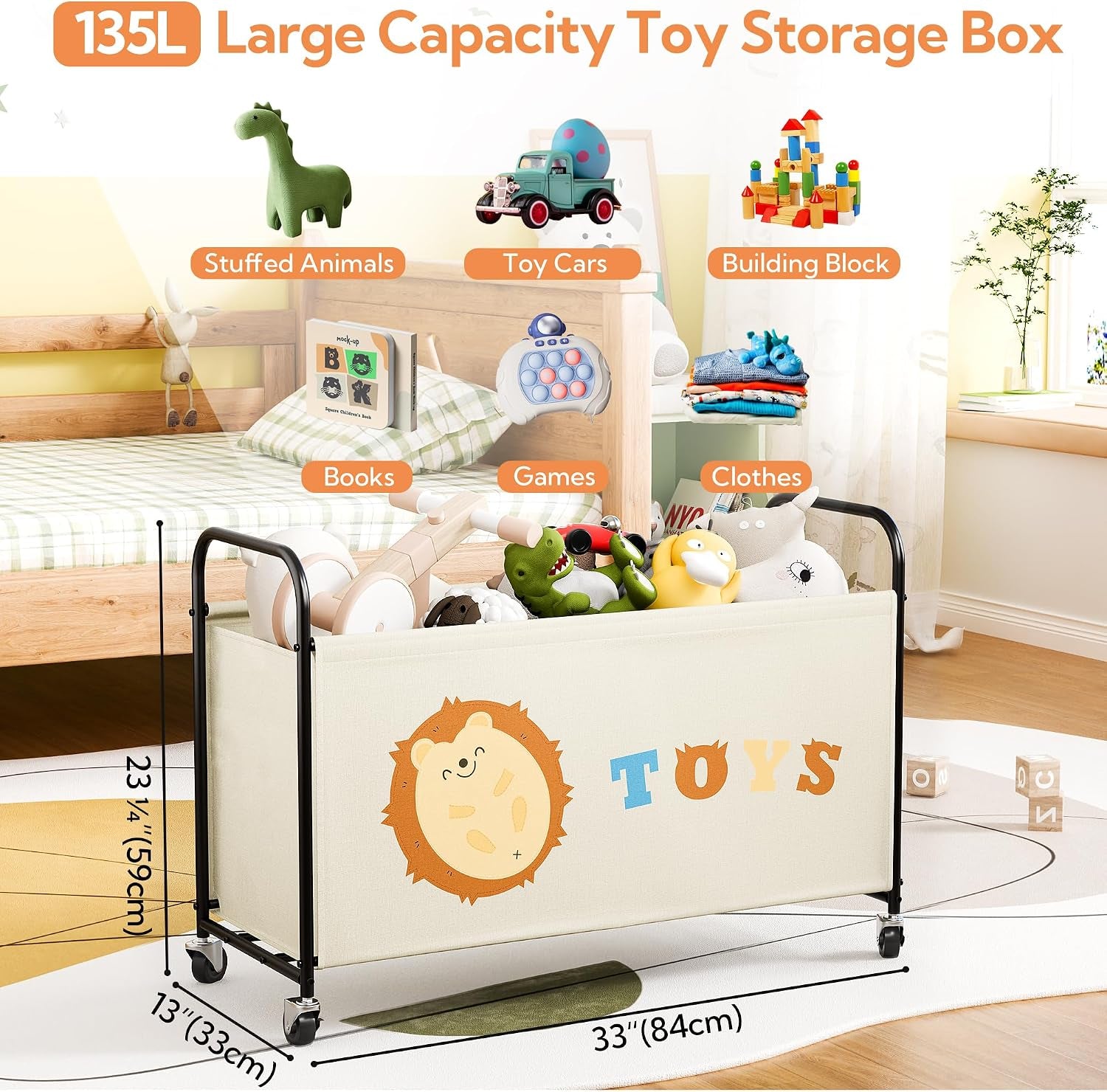 Toy Chest with Wheels, 135L Extra Large Toy Box, Storage Organiser for Kids Toys, Metal Toy Box Storage for Girls, Toy Bin for Children Nursery Play Room Organising Baby Plush Toys, Beige