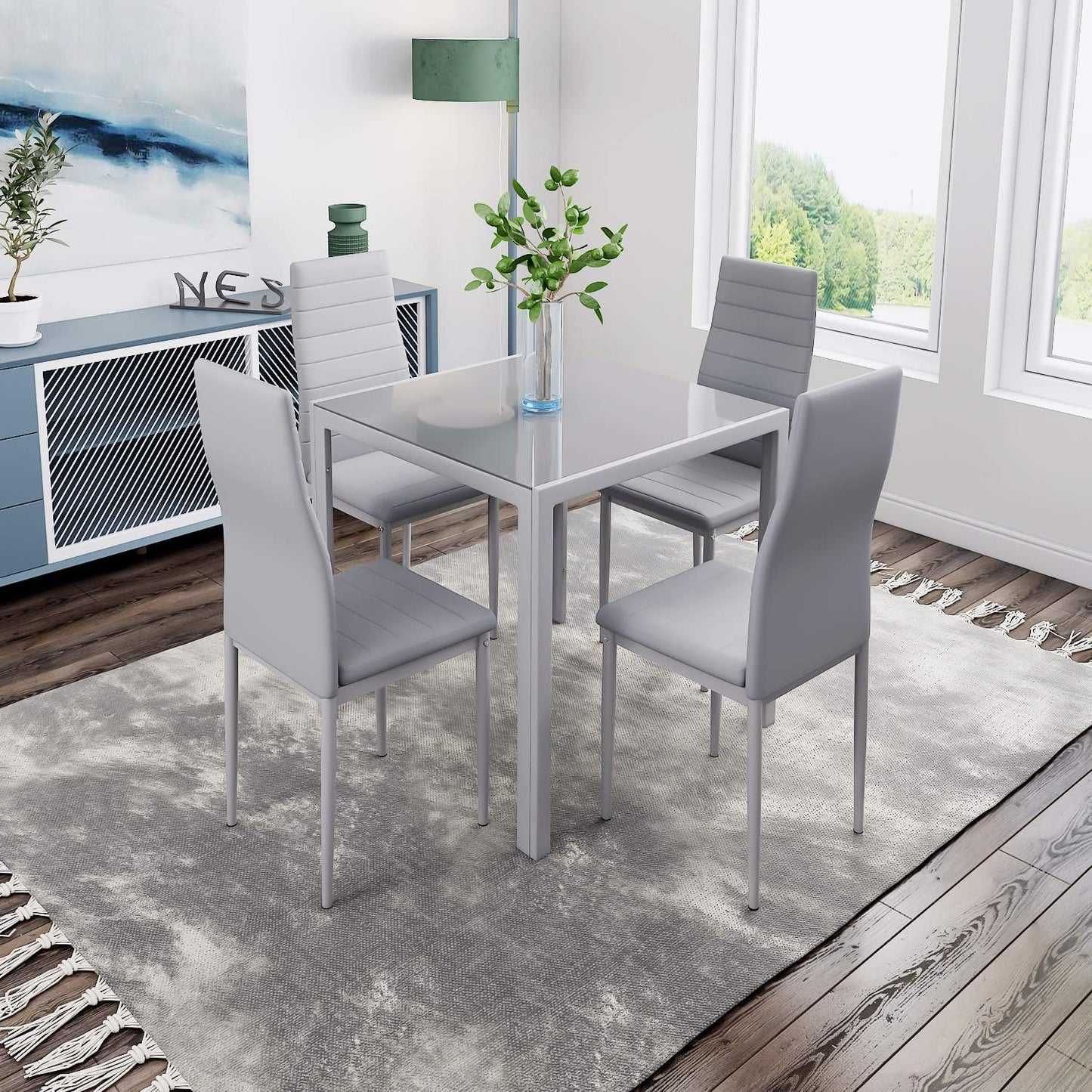 Glass Table and Chairs Set 4, 75Cm Square Table with 4 Faux Leather High Back Chairs Modern Dining Room Sets for Home Kitchen Office, Grey