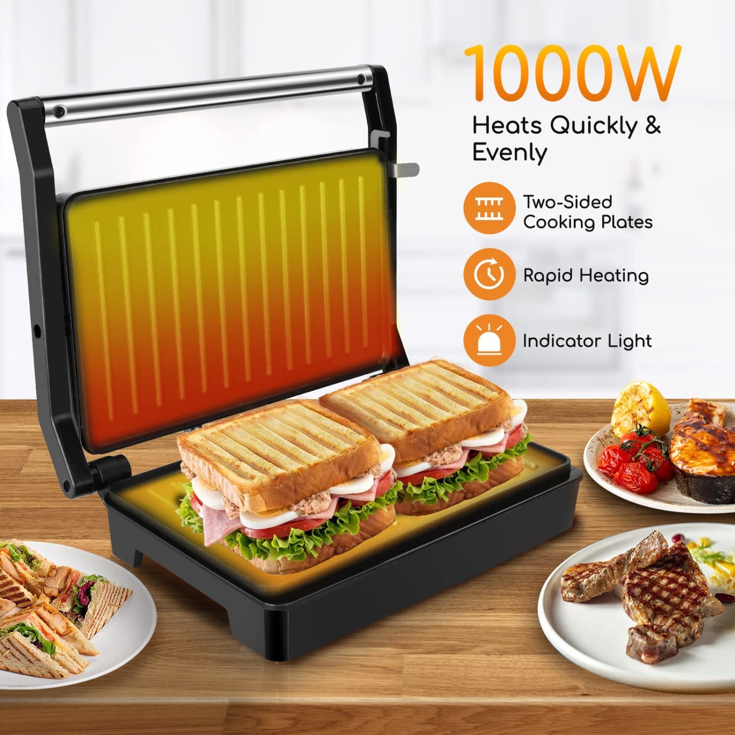 Sandwich Toaster Panini Press, 1000W Deep Fill Toastie Maker, Non-Stick-Coated Aluminium Plates, Indicator Light, Stainless Steel, Black-Larissa