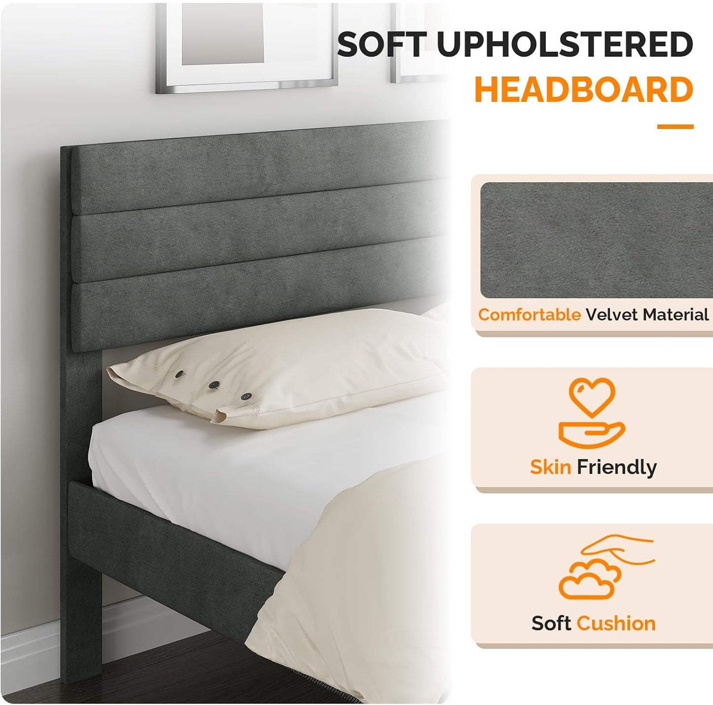 5Ft King Bed Frame, Noise-Free Upholstered Platform Bed with Adjustable Headboard & under Bed Storage - Sturdy Wooden Slat Support - No Box Spring Needed, Velvet, Dark Grey, 150 X 200 Cm