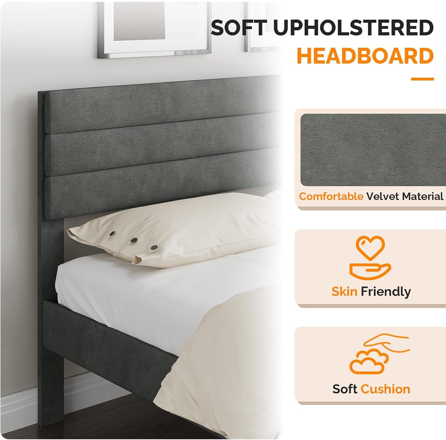 5Ft King Bed Frame, Noise-Free Upholstered Platform Bed with Adjustable Headboard & under Bed Storage - Sturdy Wooden Slat Support - No Box Spring Needed, Velvet, Dark Grey, 150 X 200 Cm