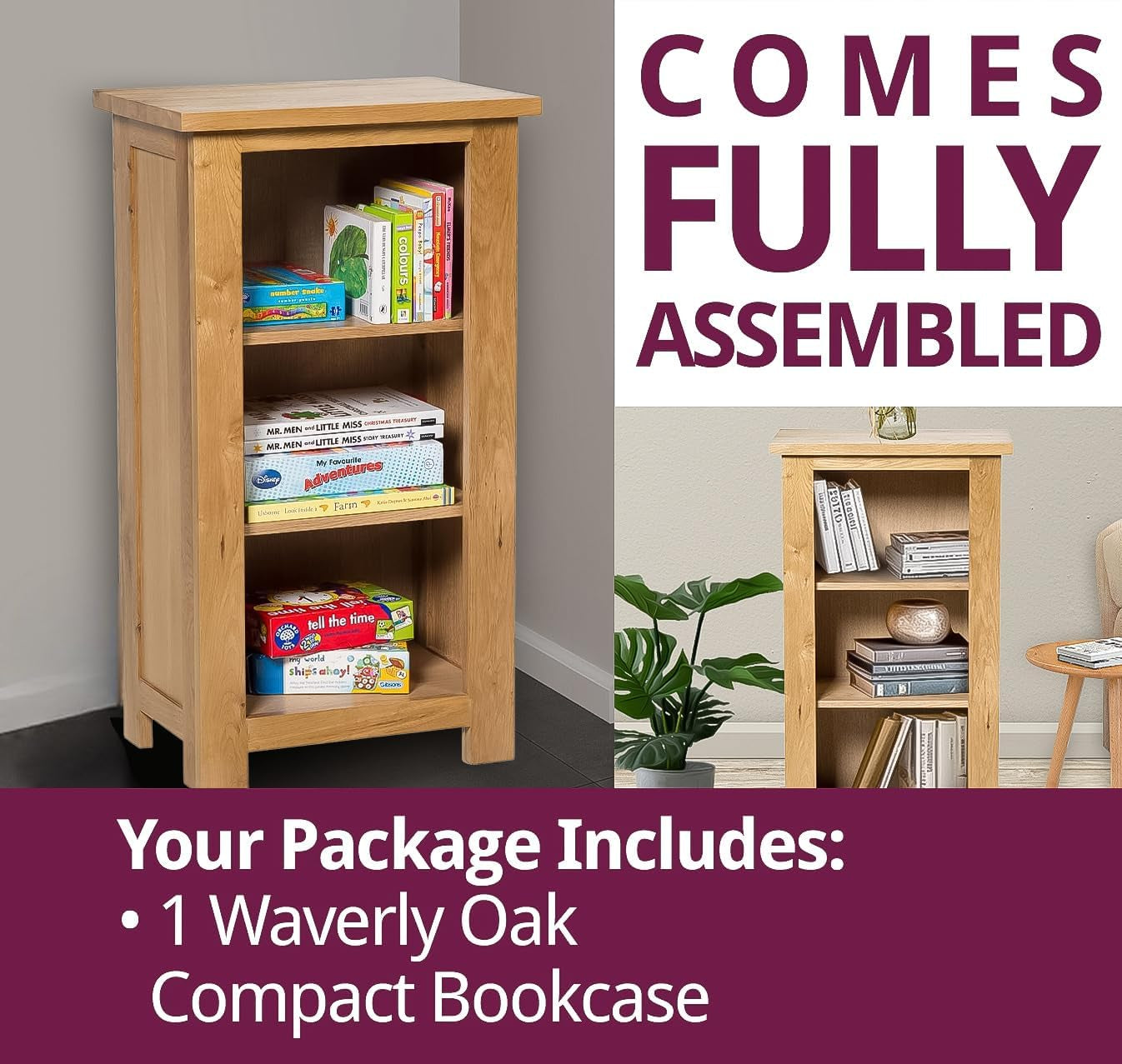 Waverly Solid Wooden Oak Bookcase, Solid Oak Furniture | Narrow Book Shelf with 2 Adjustable Shelves, Light Oak Low Bookshelf, Small Shelf Unit for Bedroom, Home Office, Living Room