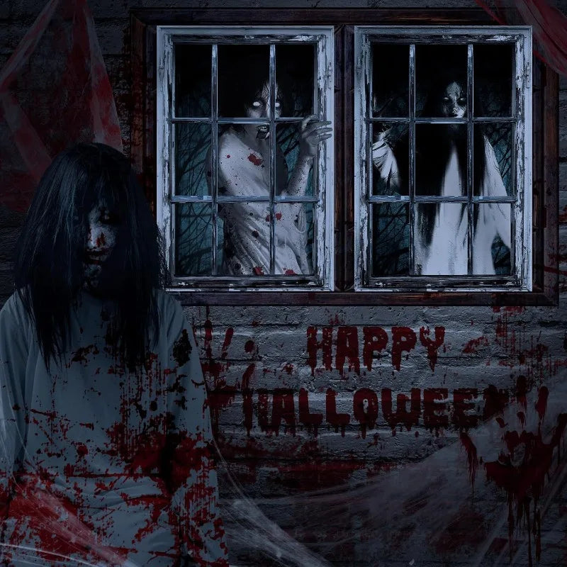 3PCS Halloween Window Door Cover Decor Set - Scary Fabric Clings, Halloween Curtain Window Banner Horror Ghosts Hanging Backdrop