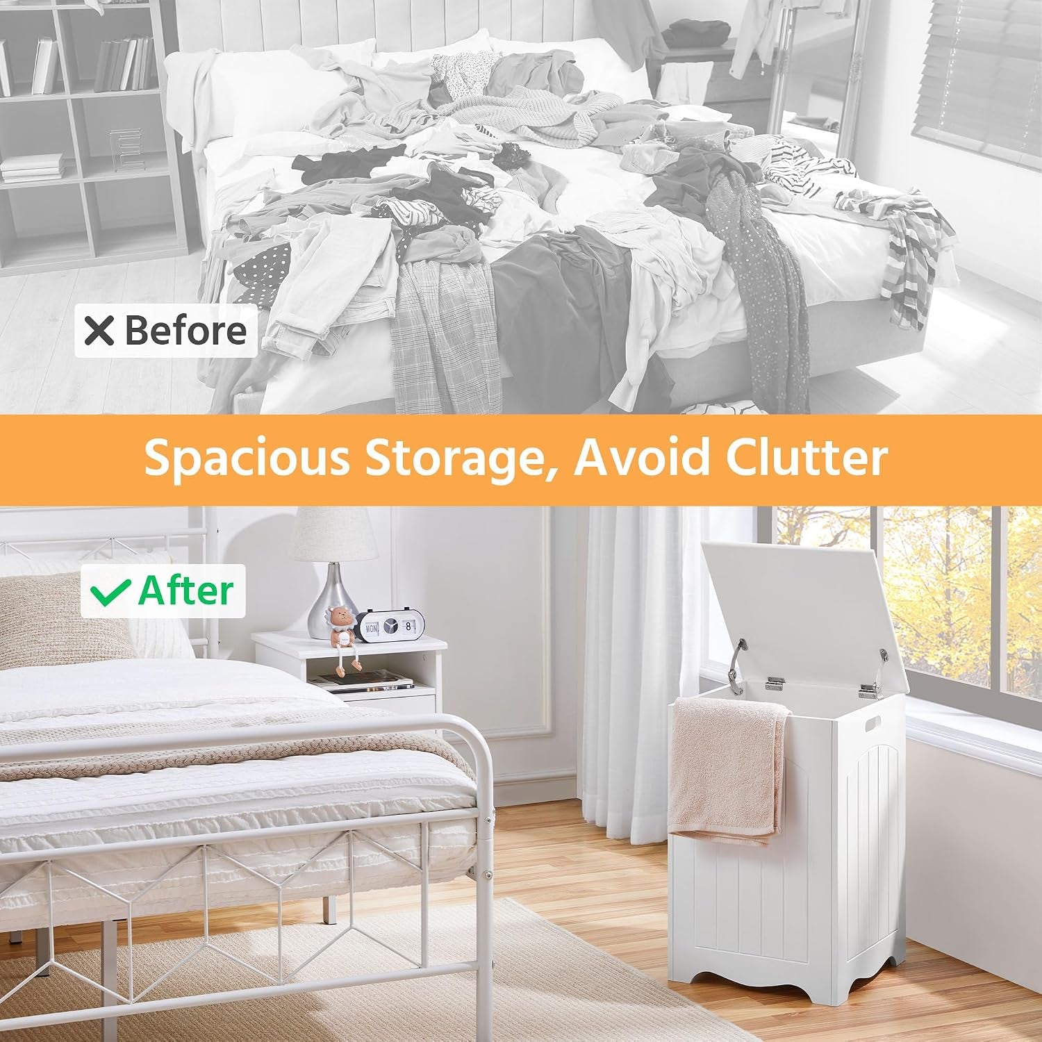 White Bathroom Laundry Basket Large Bin Wooden Storage Home Organizer Hamper with Lid