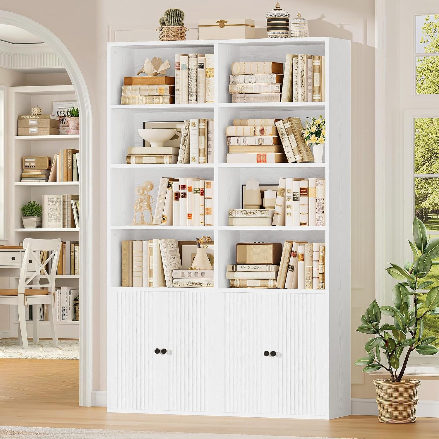 Bookcase with Doors, 180Cm Tall Bookshelf, 6 Tier Living Room Bookcases, 8 Open Compartments, Free Standing Display Shelf, Wooden Shelving Storage Unit for Home Office 108×30×180Cm (White)