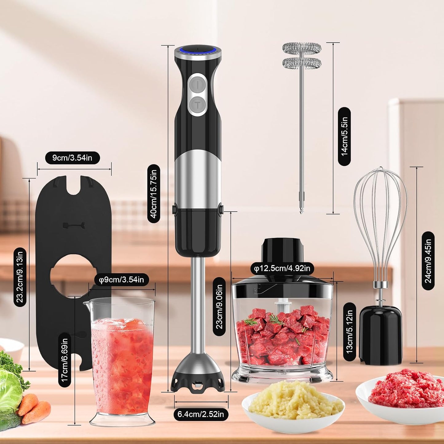 Electric Stick Hand Blender Handheld - 1100W 5-In-1 Immersion Stick Blenders for Kitchen Soup with 12 Speed, Turbo Boost, Chopper, Beaker, Whisk and Milk Frother for Milkshake Puree Smoothie Baby Food