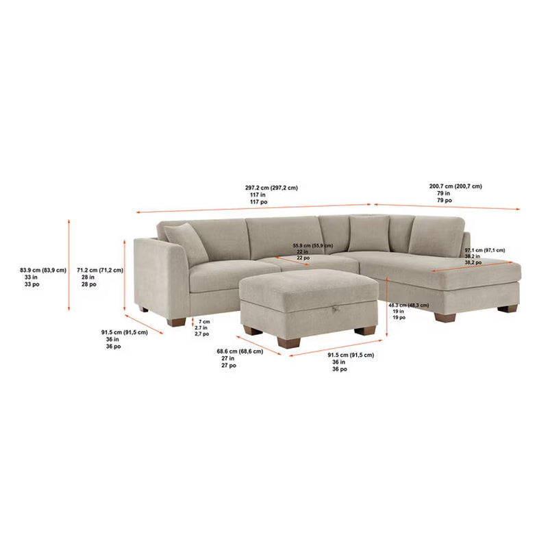 Walsen Grey Fabric Corner Sofa with Storage Ottoman in 2 Configurations