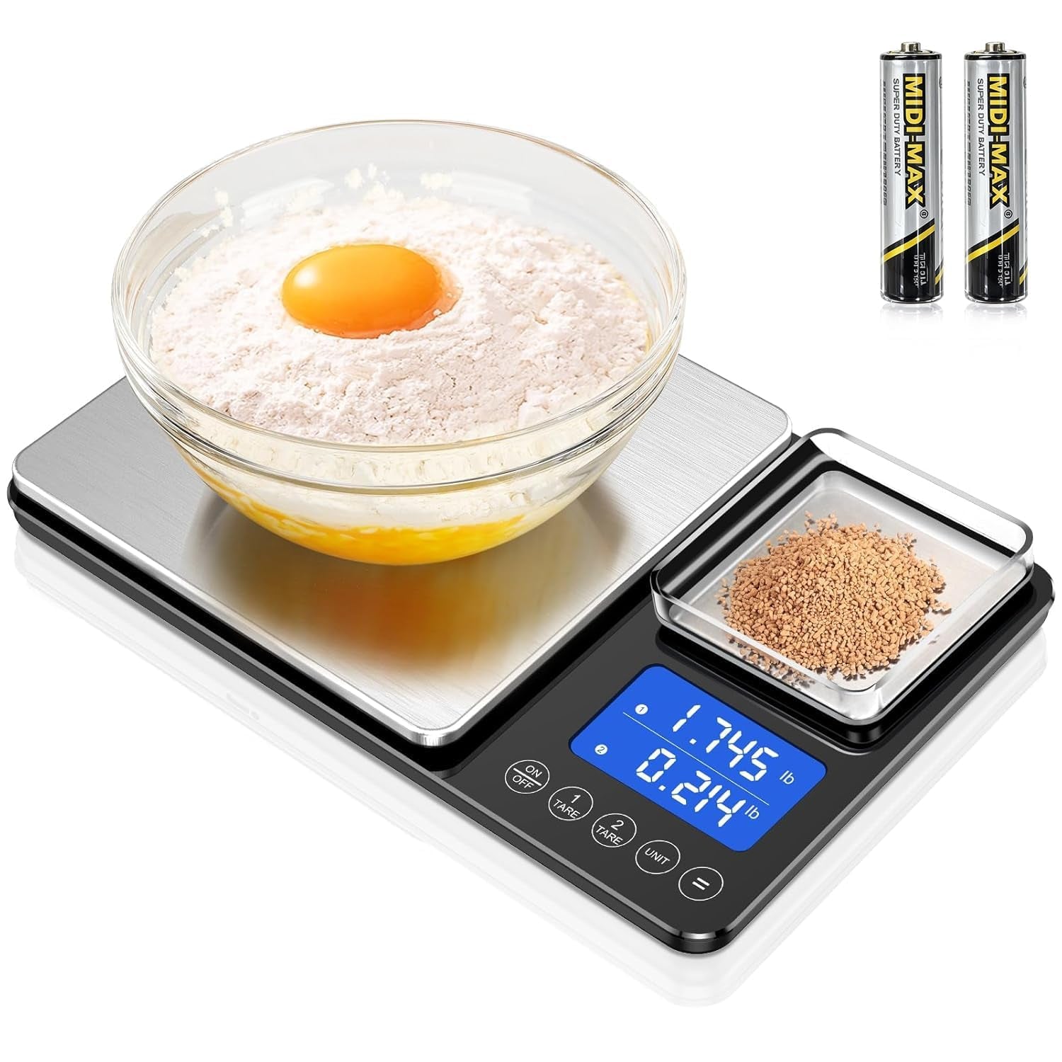 Dual Platform Kitchen Scales with High Precision: 15Kg/33Lb Capacity at 1G & 500G Capacity at 0.01G, Professional Food Scales for Baking Sourdough Bread and Cooking, 7 Units, Tare, Accumulation