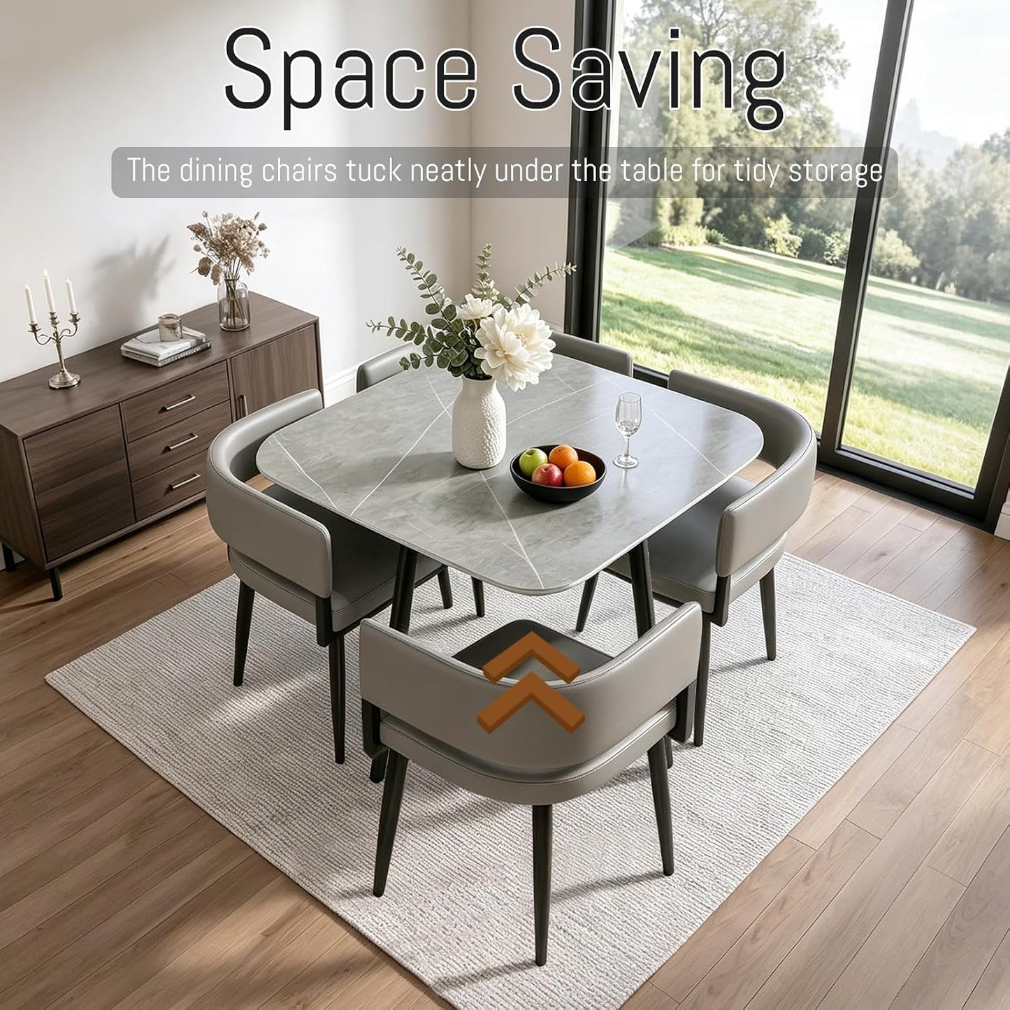 Square Dining Table and Chairs Set for 4, Rock Slab Kitchen Table with 4 PU Leather Chairs, 5 Pieces Dining Room Set for Small Space Apartment Reception, Space Saving, Square Gery