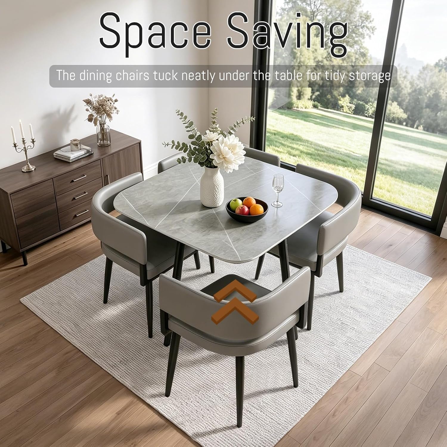 Square Dining Table and Chairs Set for 4, Rock Slab Kitchen Table with 4 PU Leather Chairs, 5 Pieces Dining Room Set for Small Space Apartment Reception, Space Saving, Square Gery