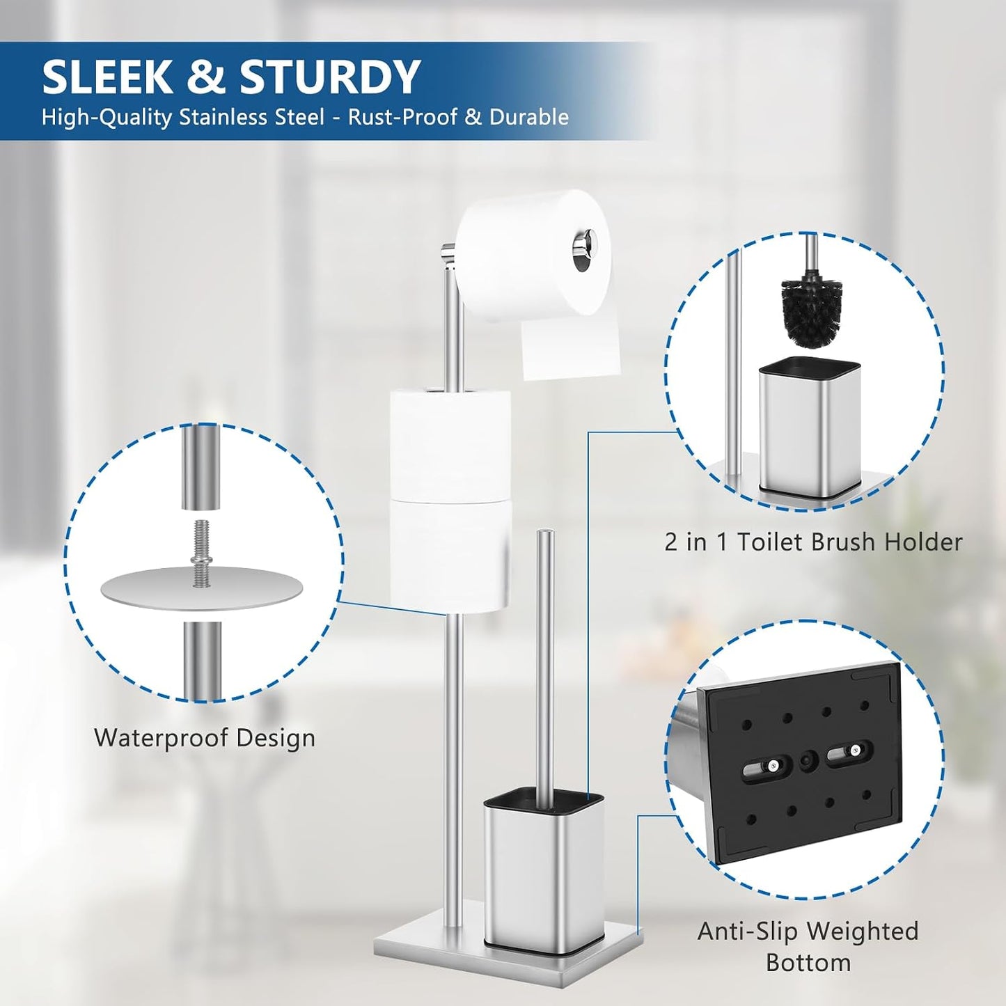 Toilet Roll Holder Free Standing with Toilet Brush - Stainless Steel Toilet Paper Holder Freestanding with Storage for Bathroom (Silver)