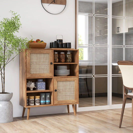 Rattan Sideboard Buffet Cabinet with 4 Cubbies and 2 Rattan-Decorated Doors