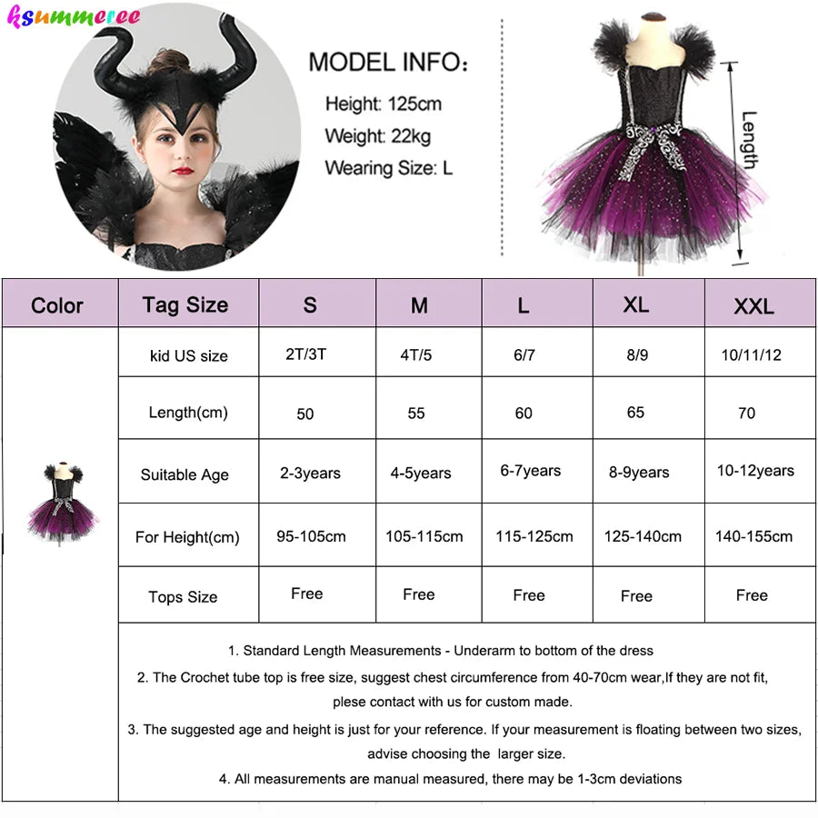 Glittery Black & Purple Kids Evil Witch Tutu Dress Girls Dark Fairy Witch Tutu Halloween Cosplay Costume with Horns and Wings