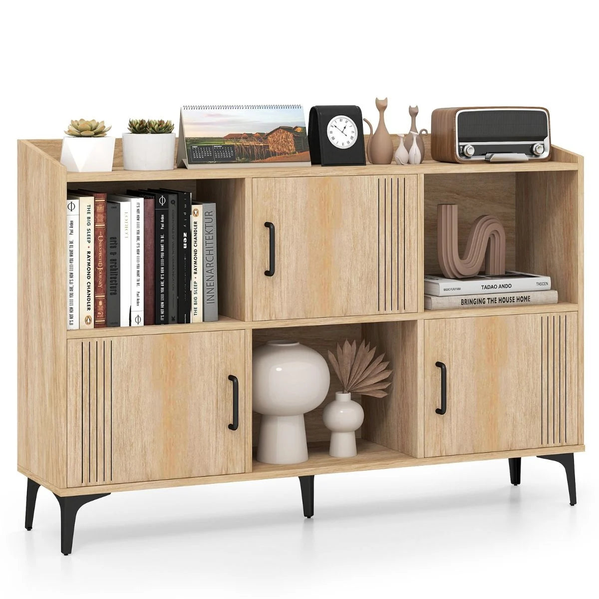 Sideboard Storage Cabinet Bookcase with 3 Doors and Open Compartments