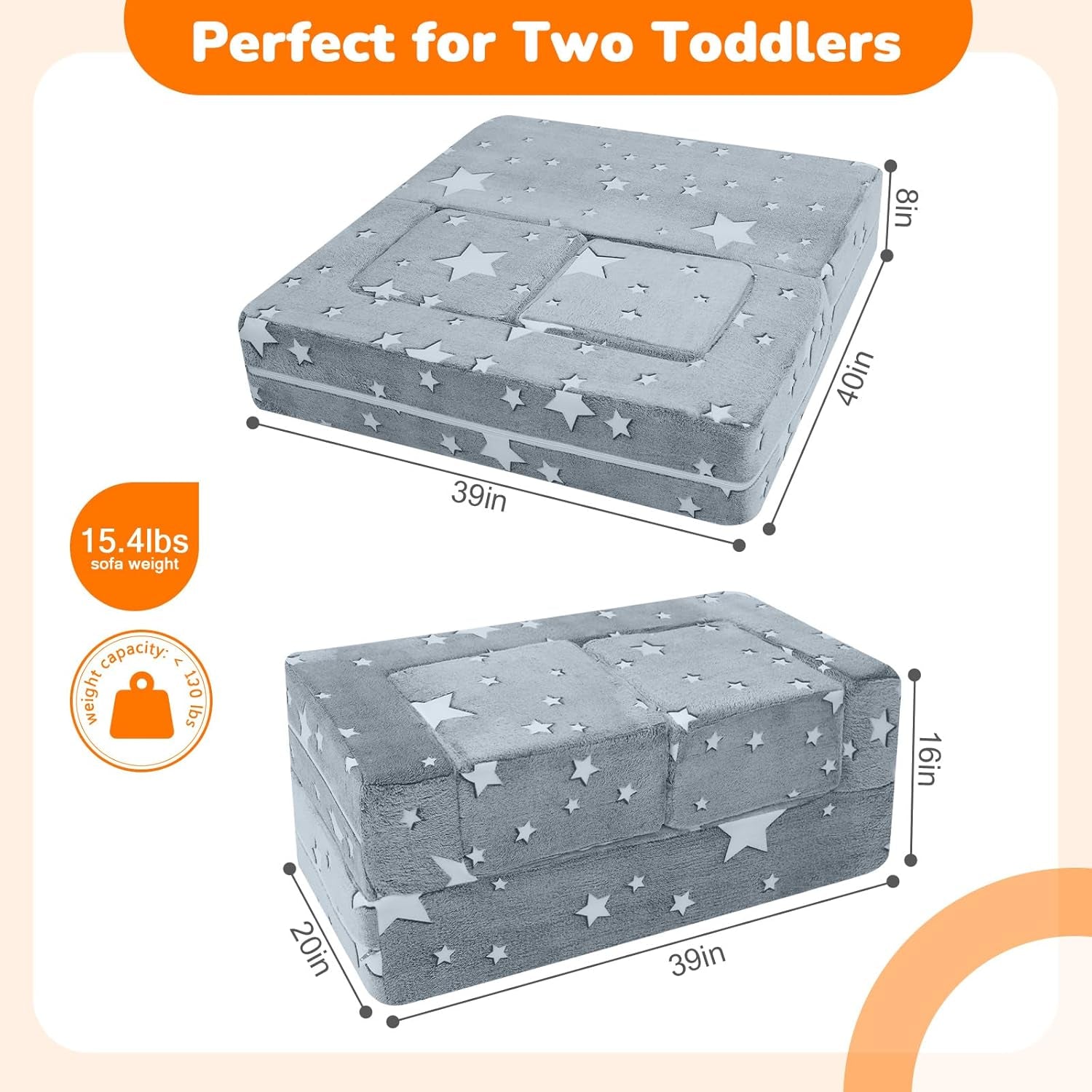 Kids Sofa Bed, Modular Toddler Couch, Glow in the Dark Stars Kids Chair Lounger Fold Out, Baby Mini Couch Bedroom Furniture for Playroom, Grey Star