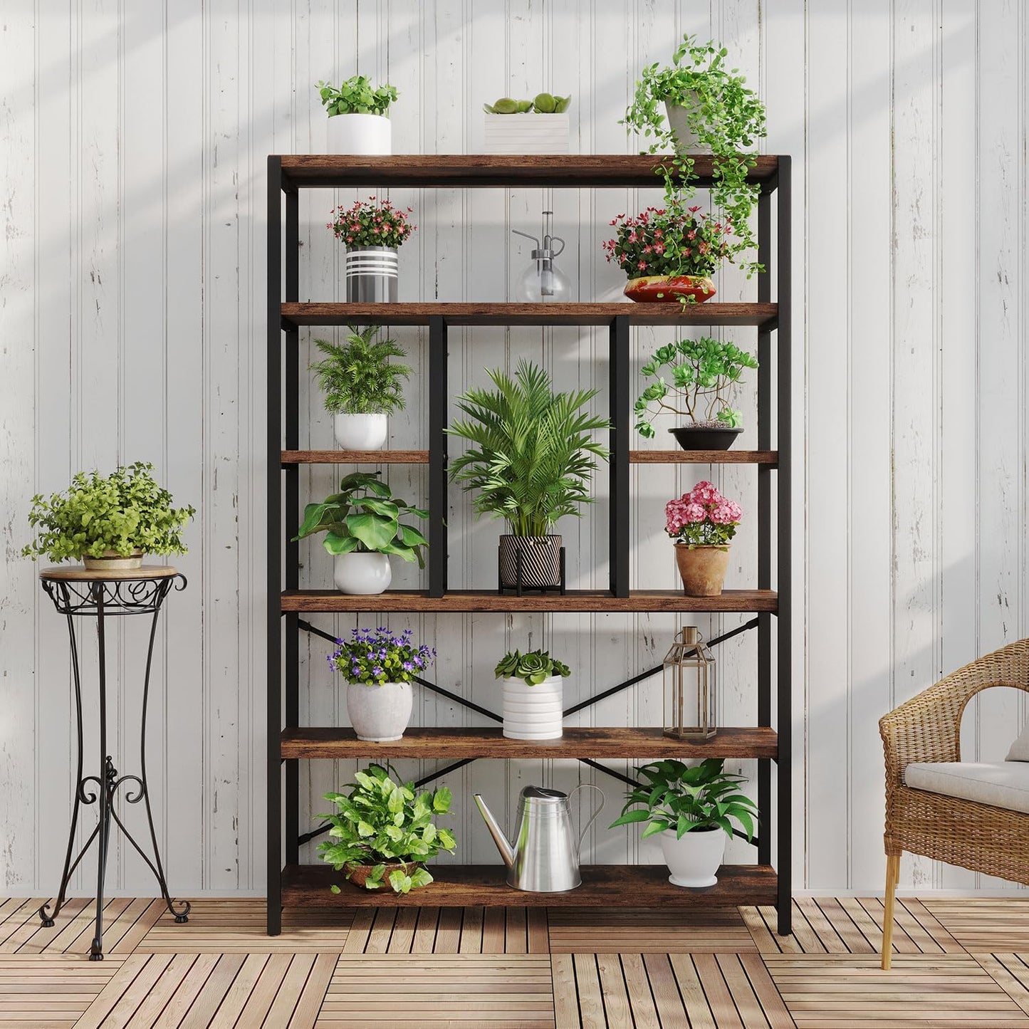 Rustic Bookcase and Bookshelf, Metal Wood 6 Tier Book Shelf, Industrial Vertical Display Etagere Book Case 6 Shelf, Vintage Large Book Shelves for Bedroom Living Room, Brown, 180 CM