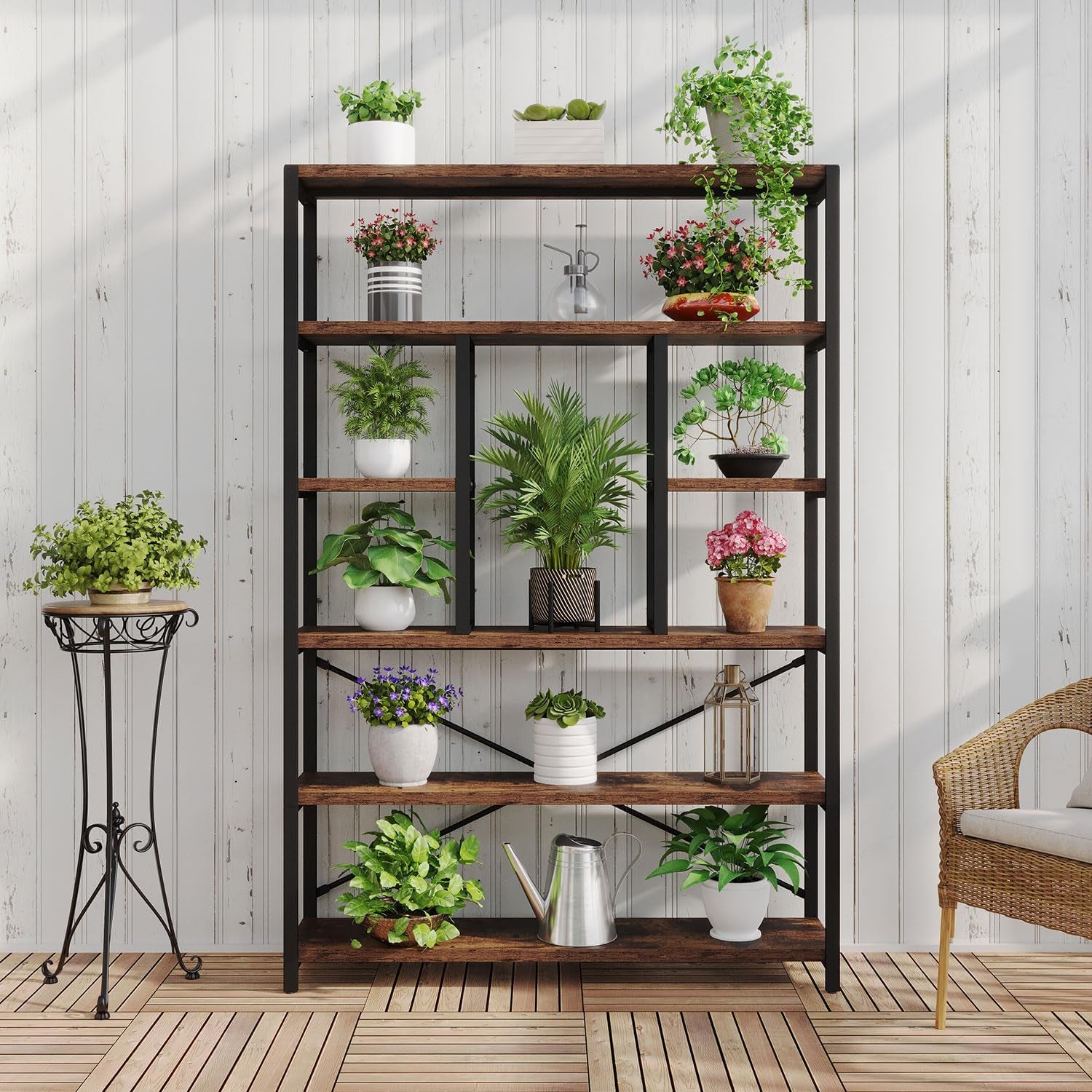 Rustic Bookcase and Bookshelf, Metal Wood 6 Tier Book Shelf, Industrial Vertical Display Etagere Book Case 6 Shelf, Vintage Large Book Shelves for Bedroom Living Room, Brown, 180 CM