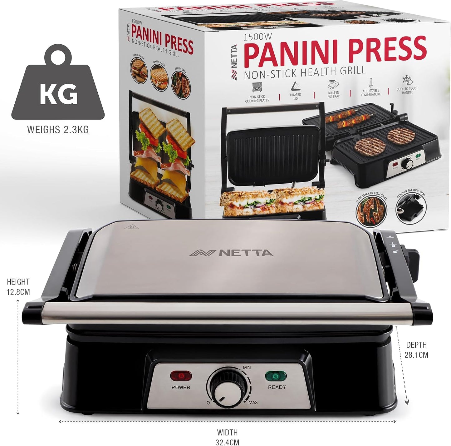 Panini Maker & Health Grill - Sandwich Toaster, Panini Press - 2 Slice Non-Stick Grill Plates – Built-In Fat Tray - 1500W - Stainless Steel – Easy to Clean