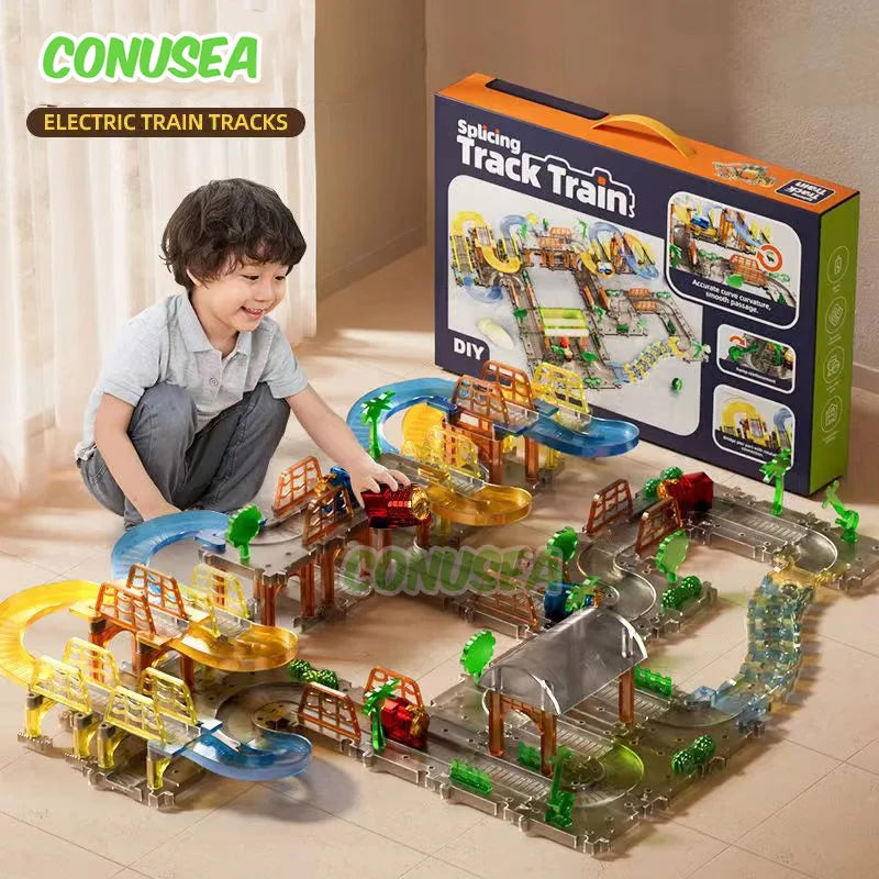 Electric Train Tracks Toys Splicing Track Trains Transparent Electric Toy Puzzle Assembly Kid Toys City Games Birthday Gifts Boy