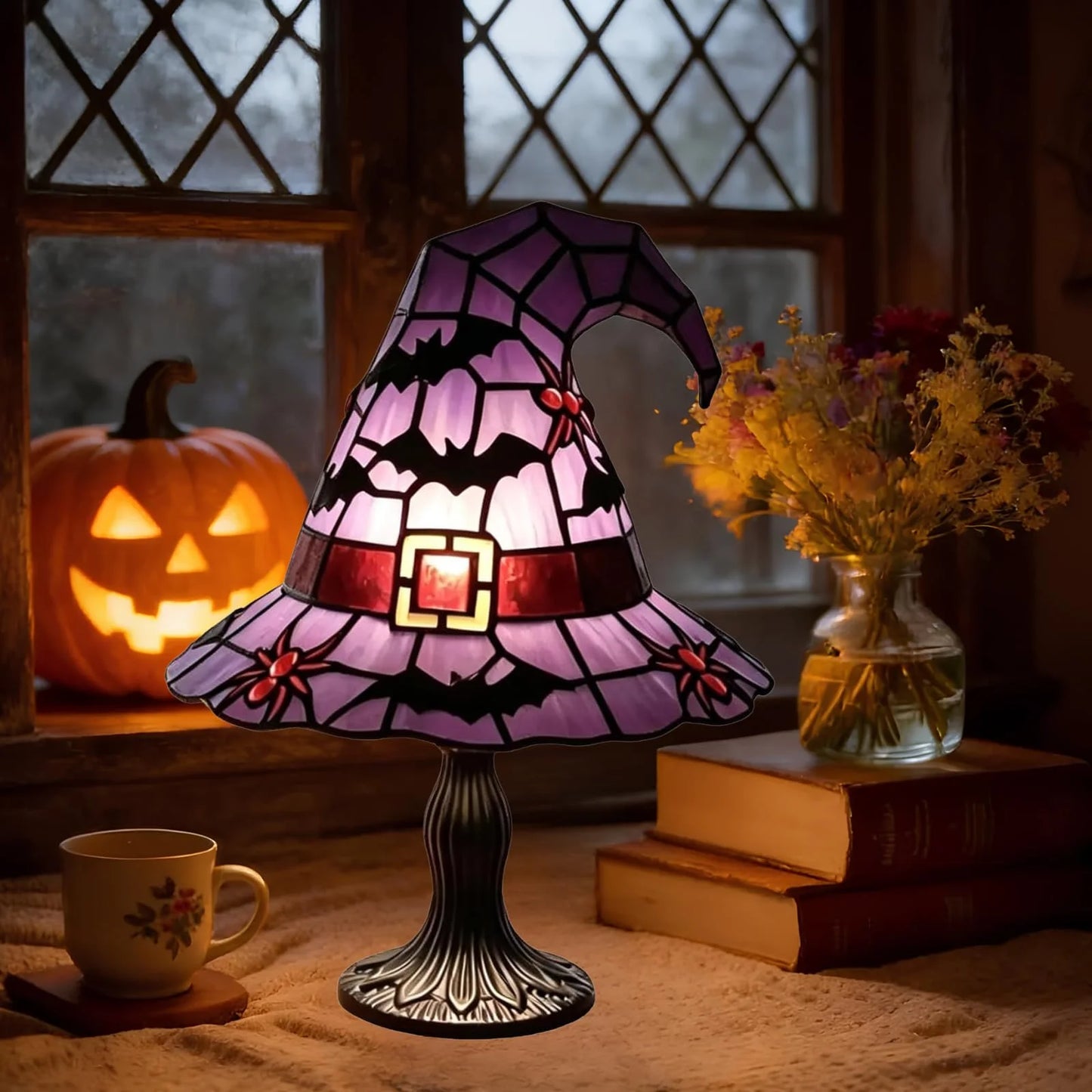 Stained Glass Witch Hat Lamp Magic LED Witch-Hat Lamp USB Creative Table Lamp Night Light for Bedroom Room Decor Halloween