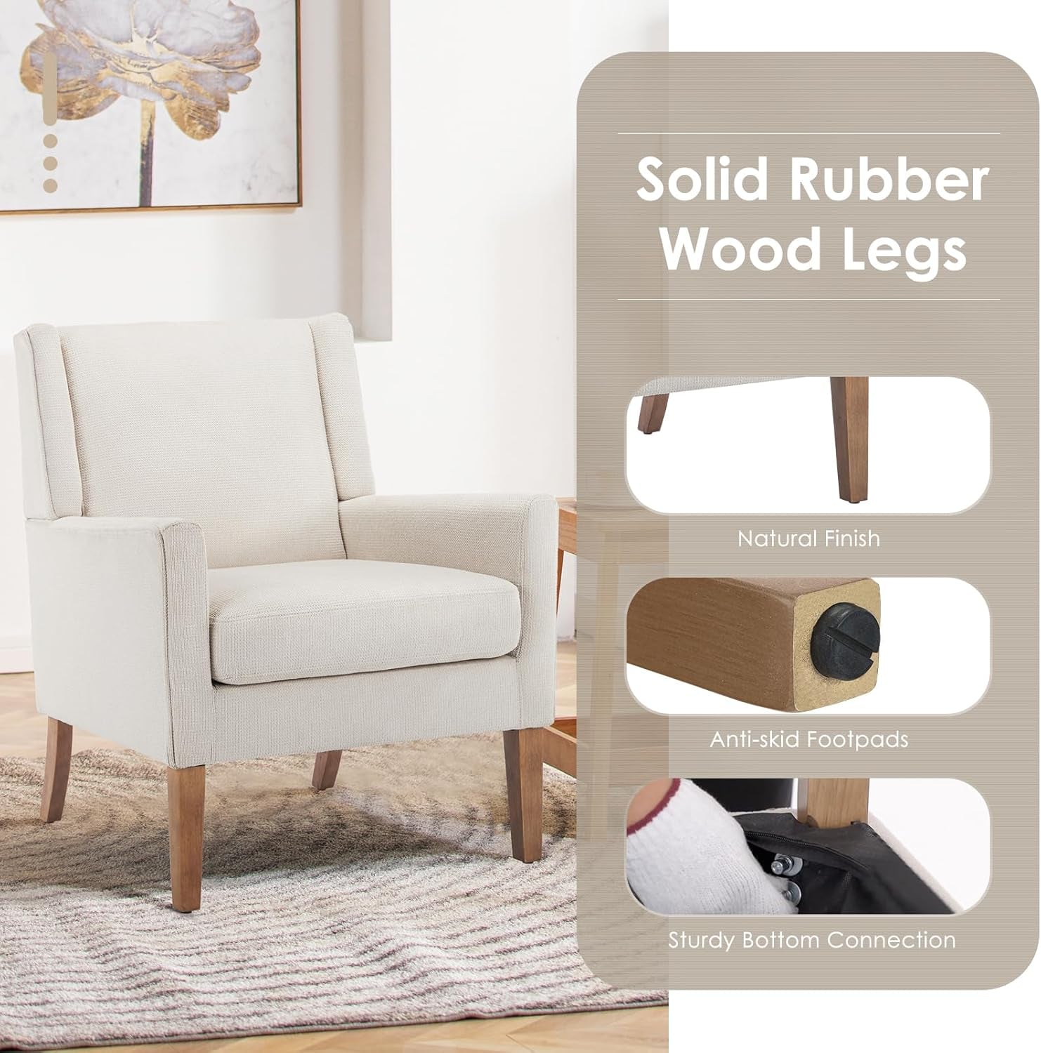 Modern Wingback Living Room Chair, Upholstered Fabric Accent Armchair, Single Sofa Chair with Lounge Seat and Wood Legs for Office/Bedroom/Reading Spaces, Beige