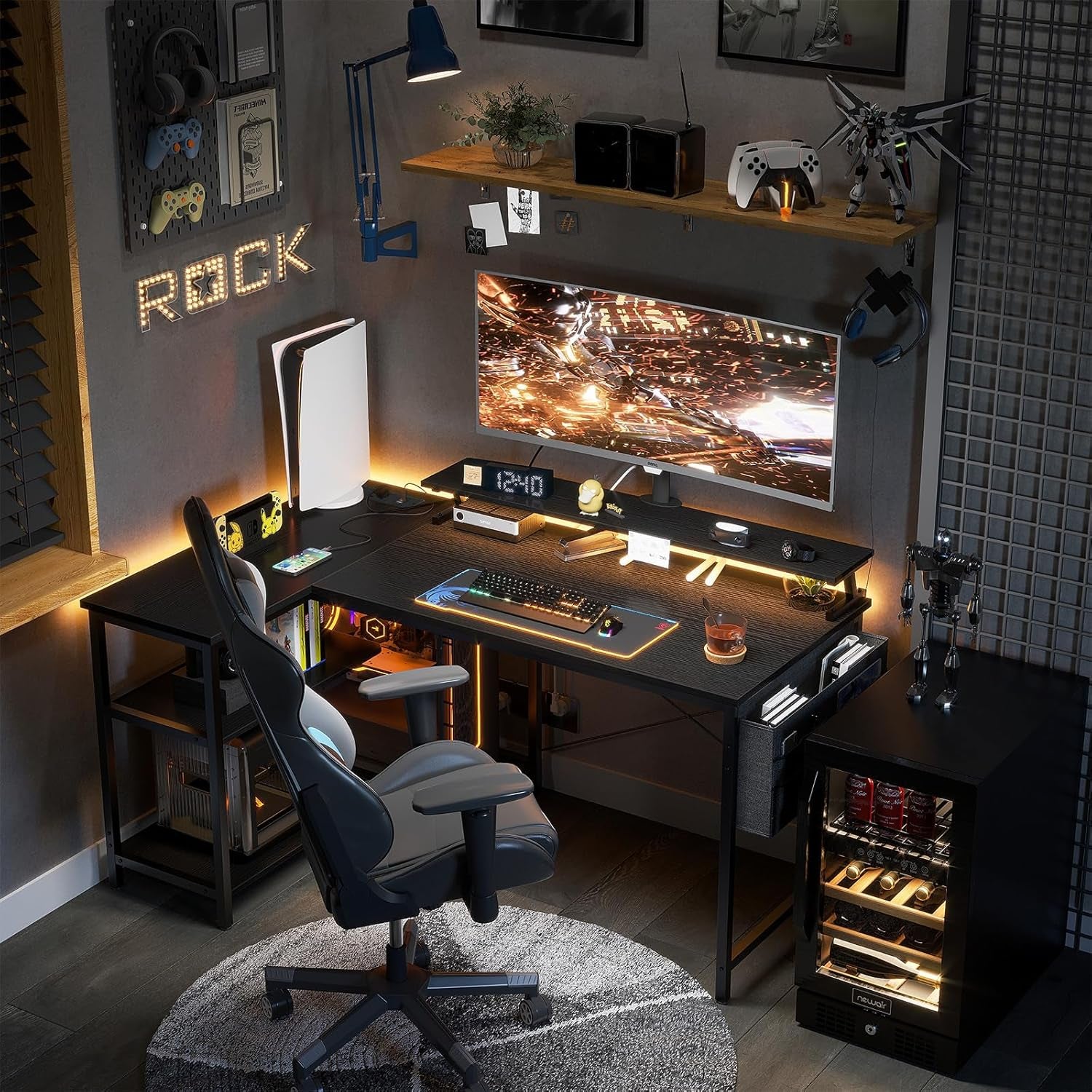 L Shaped Gaming Desk with LED Lights, 120 × 80 Cm Computer Desk with Power Outlet, Reversible Corner Gaming Table with Storage Shelves & Monitor Stand, Black